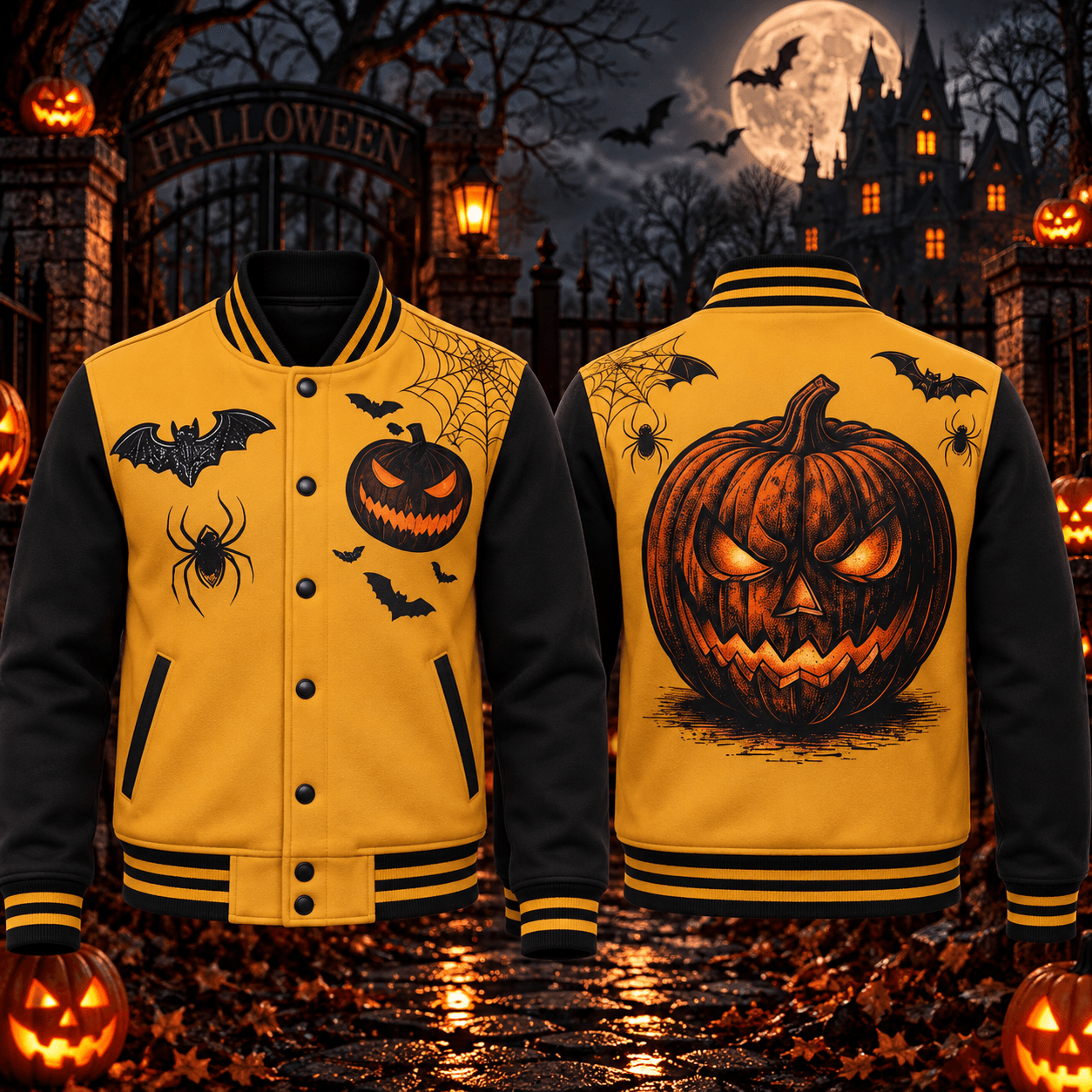 halloween pumpkin unisex varsity jacket, jack o lantern bat spider print, spooky gothic adult halloween jacket