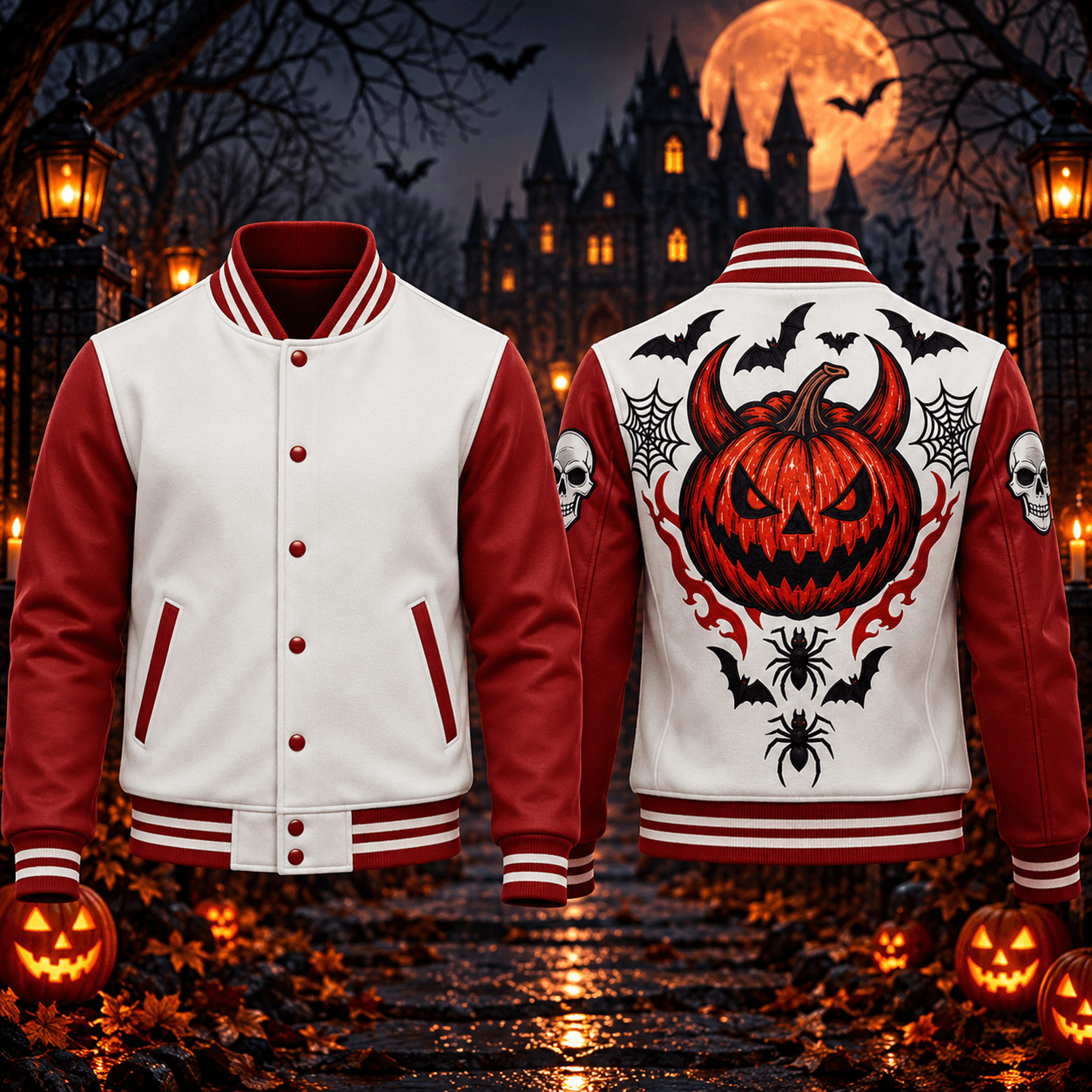 halloween devil pumpkin unisex varsity jacket, red jack o lantern bat spider gothic horror adult jacket