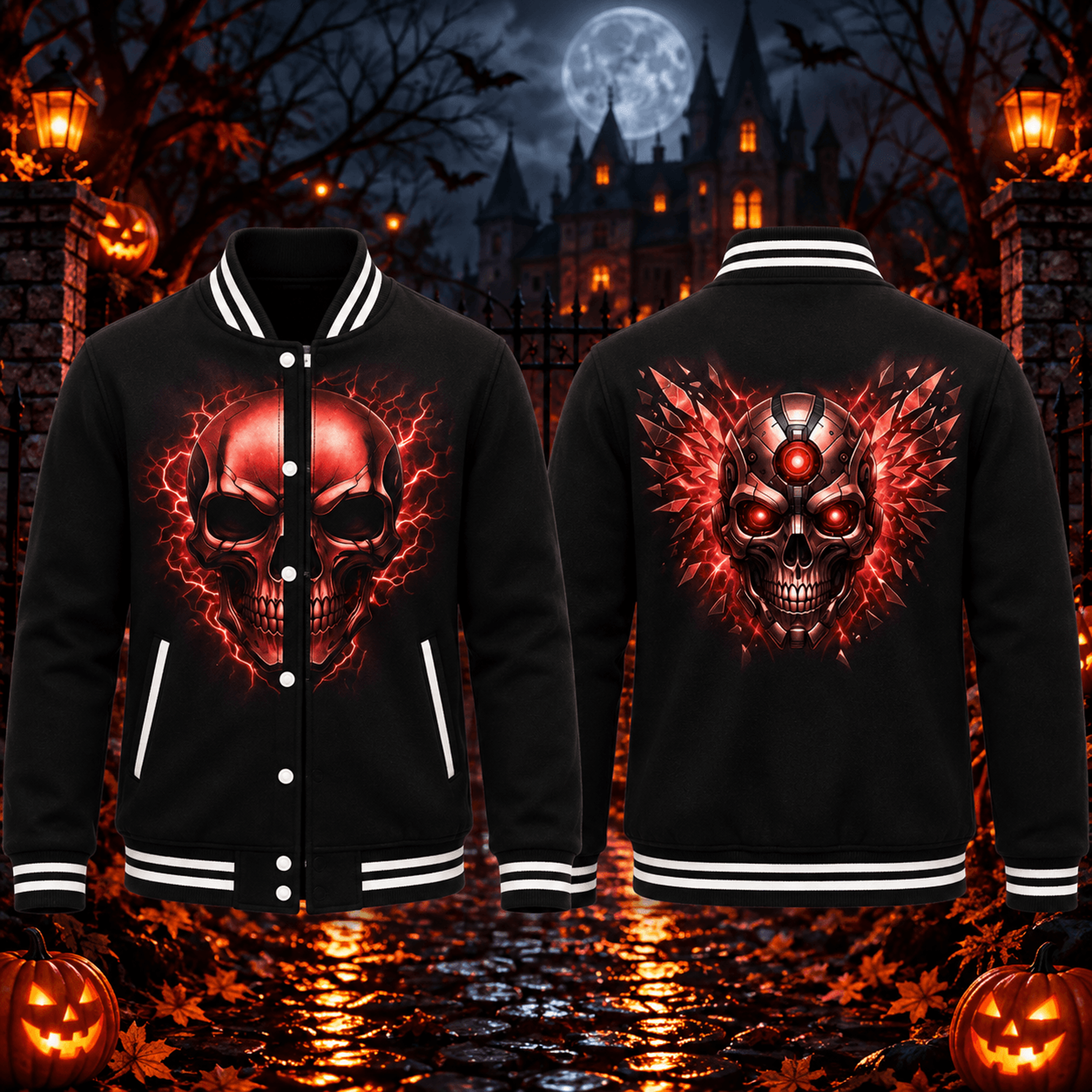 halloween red cyber skull unisex varsity jacket, gothic horror skull printed adult black spooky jacket