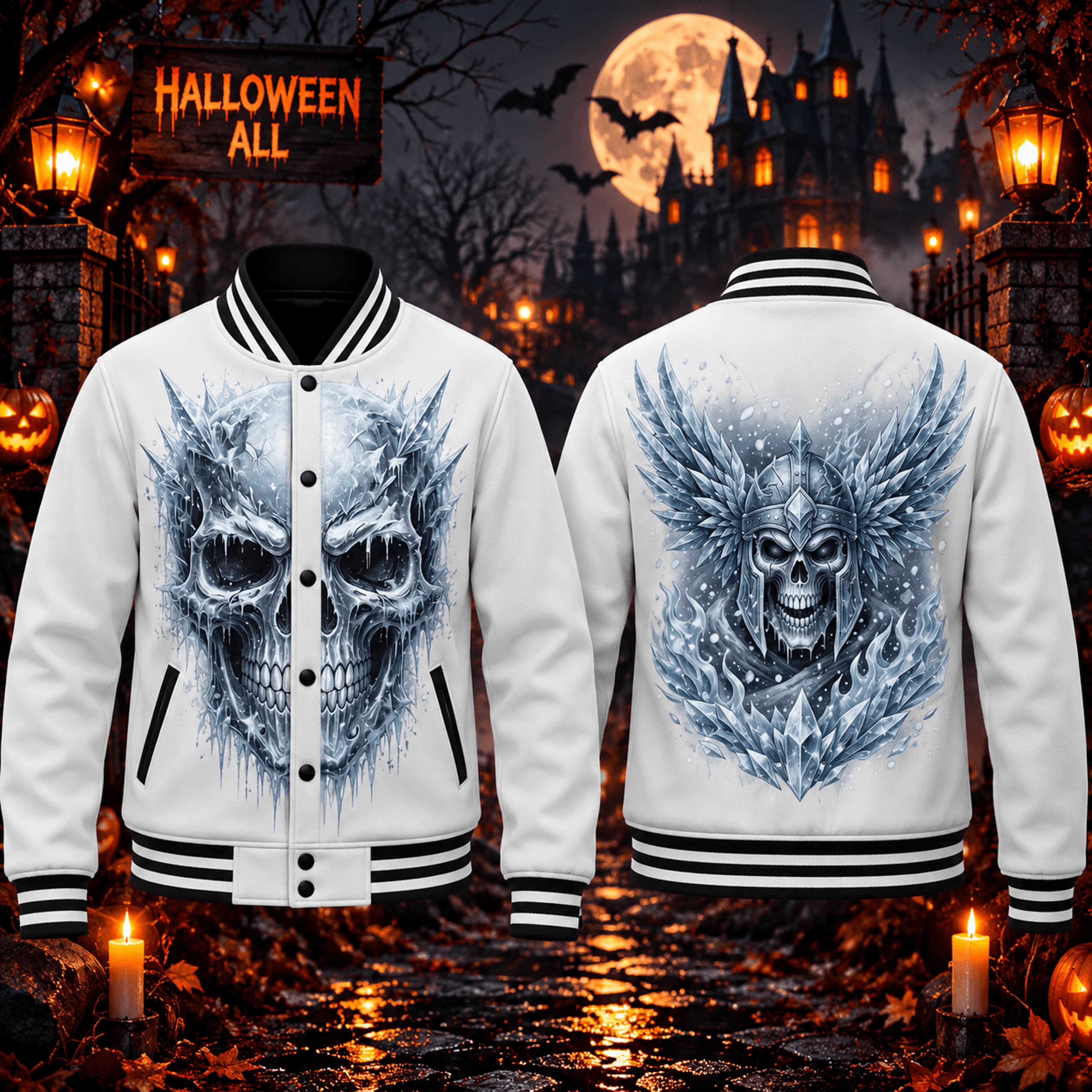 halloween ice skull unisex varsity jacket, frozen viking skull gothic horror printed adult spooky jacket