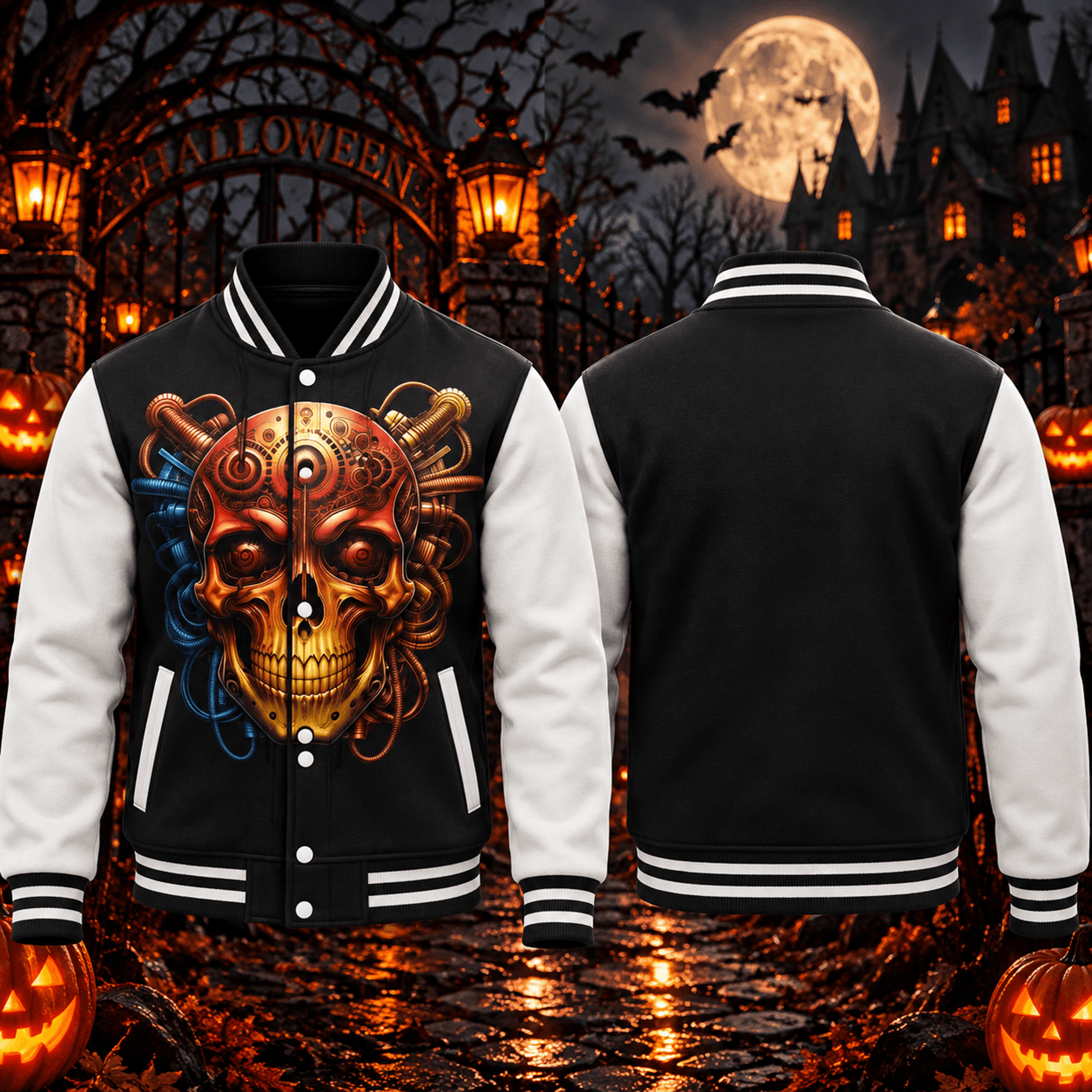 halloween cyber skull unisex varsity jacket, mechanical steampunk skull printed adult gothic horror jacket