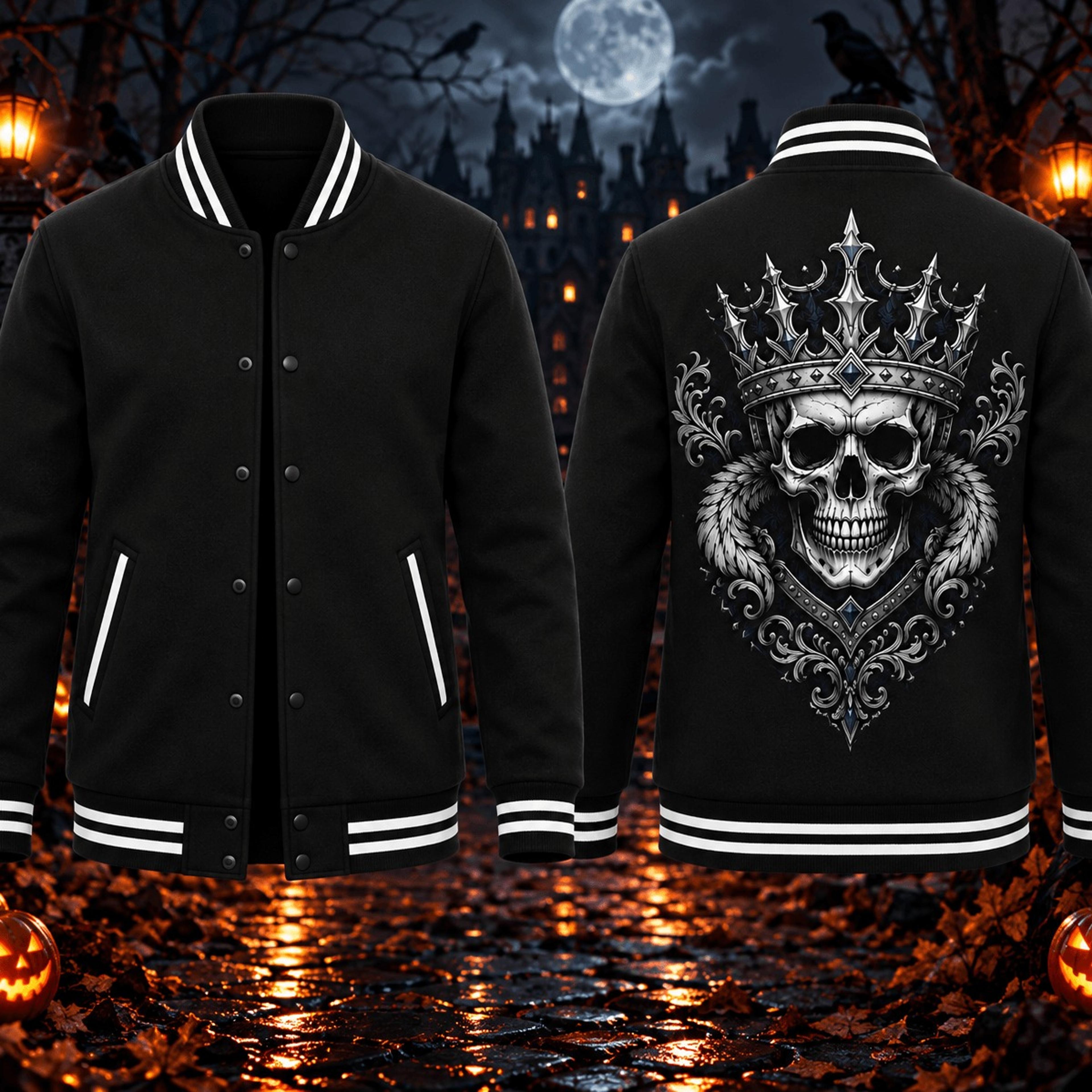 halloween crown skull unisex varsity jacket, gothic king skull horror printed adult black spooky jacket