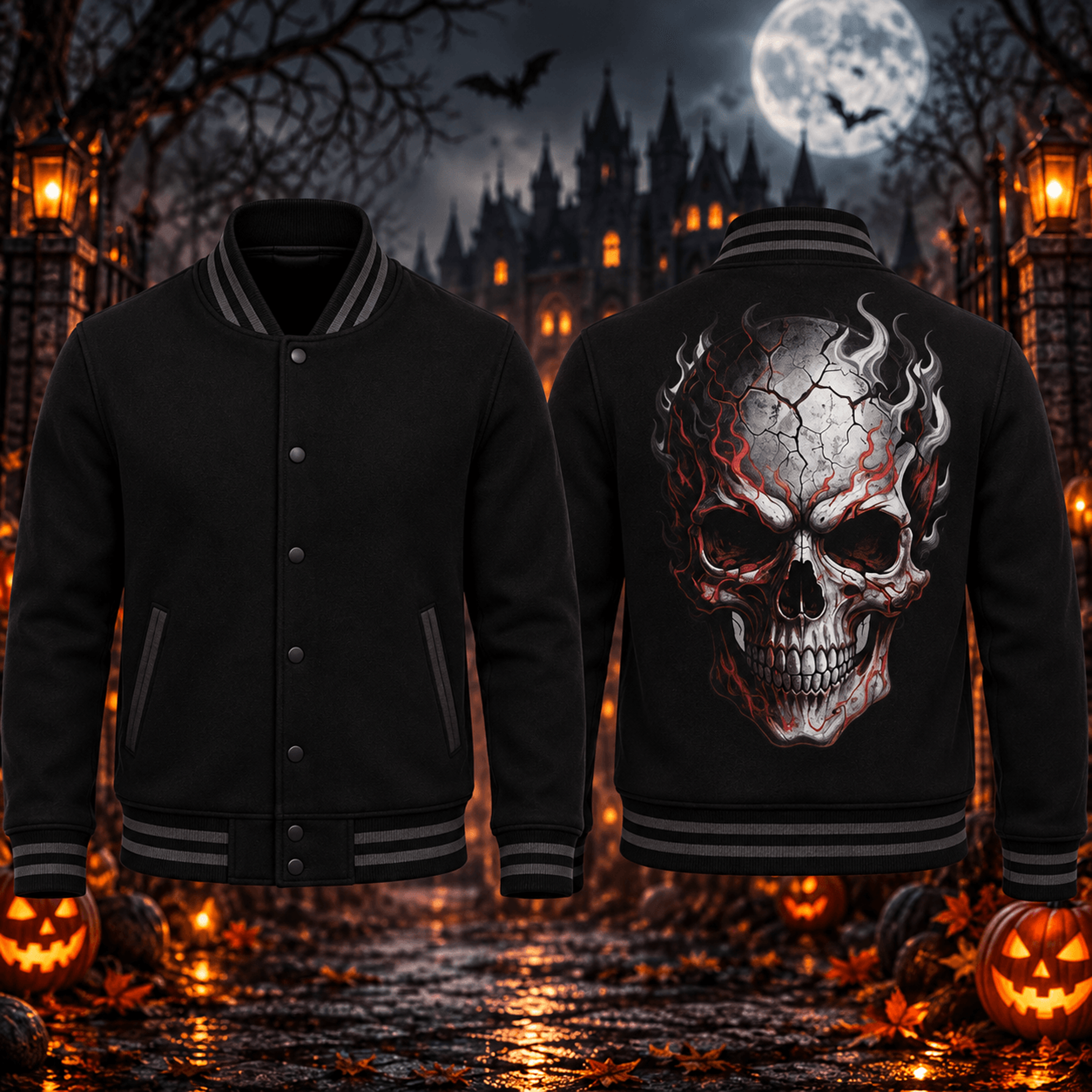 halloween skull unisex varsity jacket, cracked demon skull back print, gothic horror black adult jacket, spooky gift