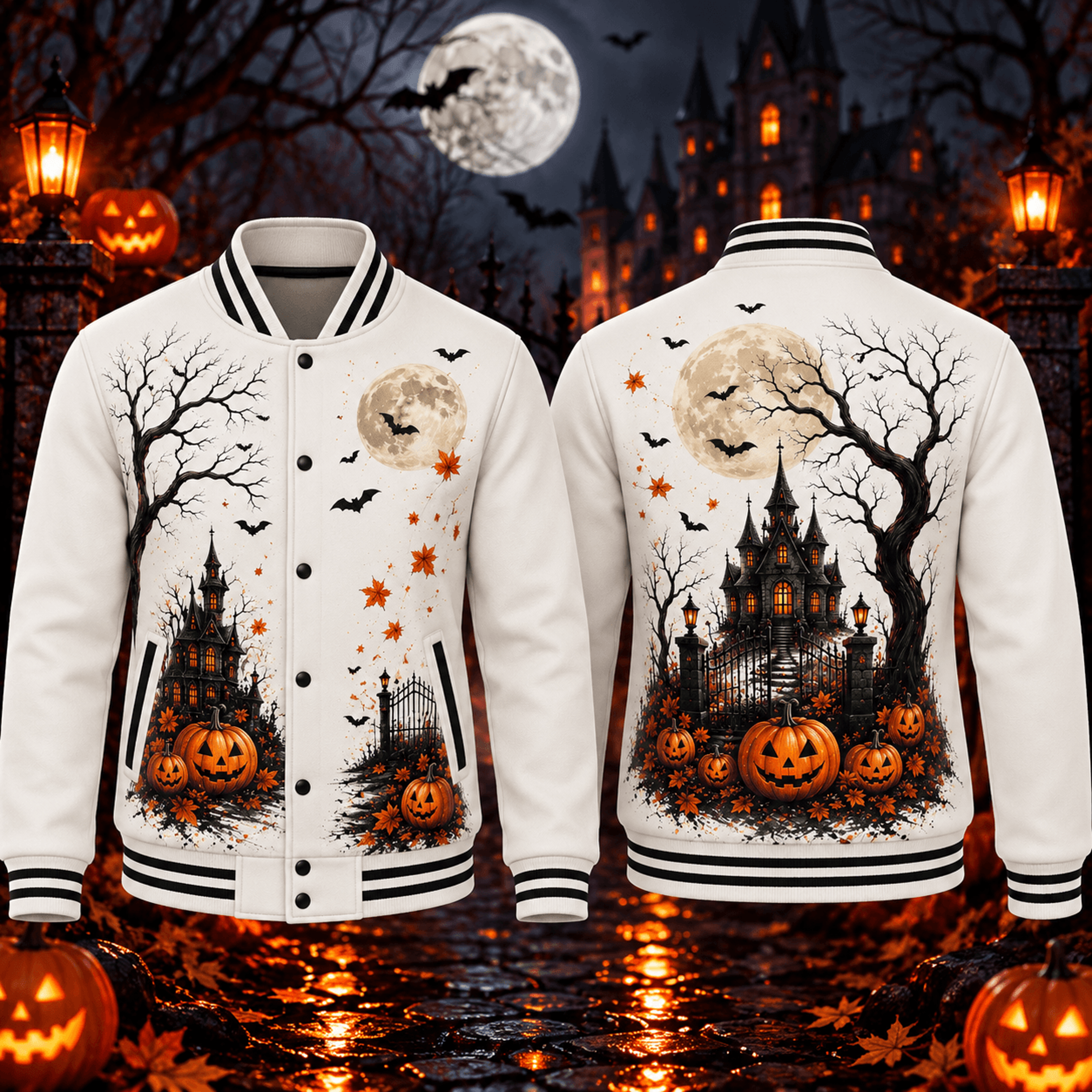 halloween haunted house unisex varsity jacket, pumpkin moon gothic printed adult jacket, spooky autumn streetwear