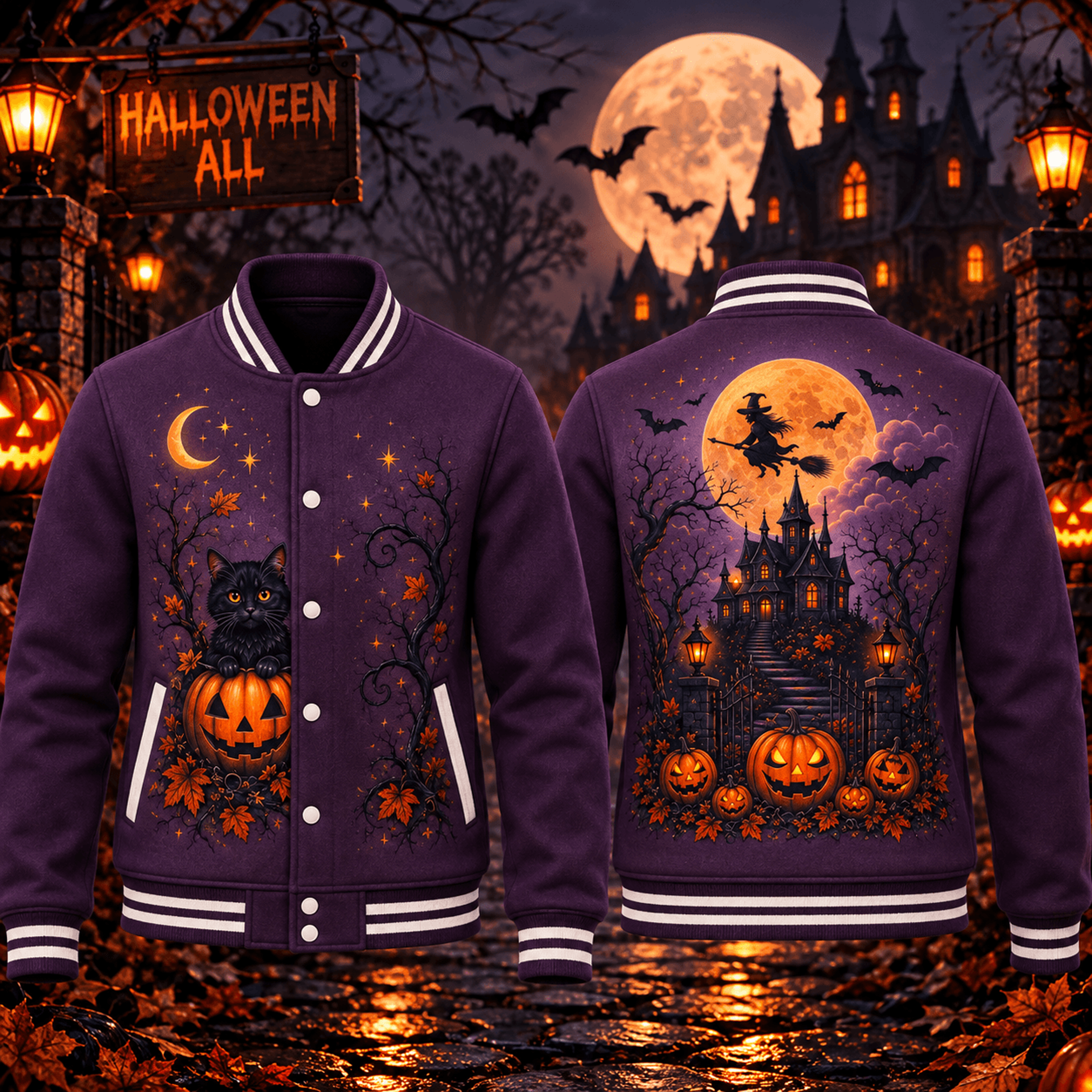 halloween witch cat unisex varsity jacket, haunted house pumpkin moon printed gothic adult jacket, spooky fall style