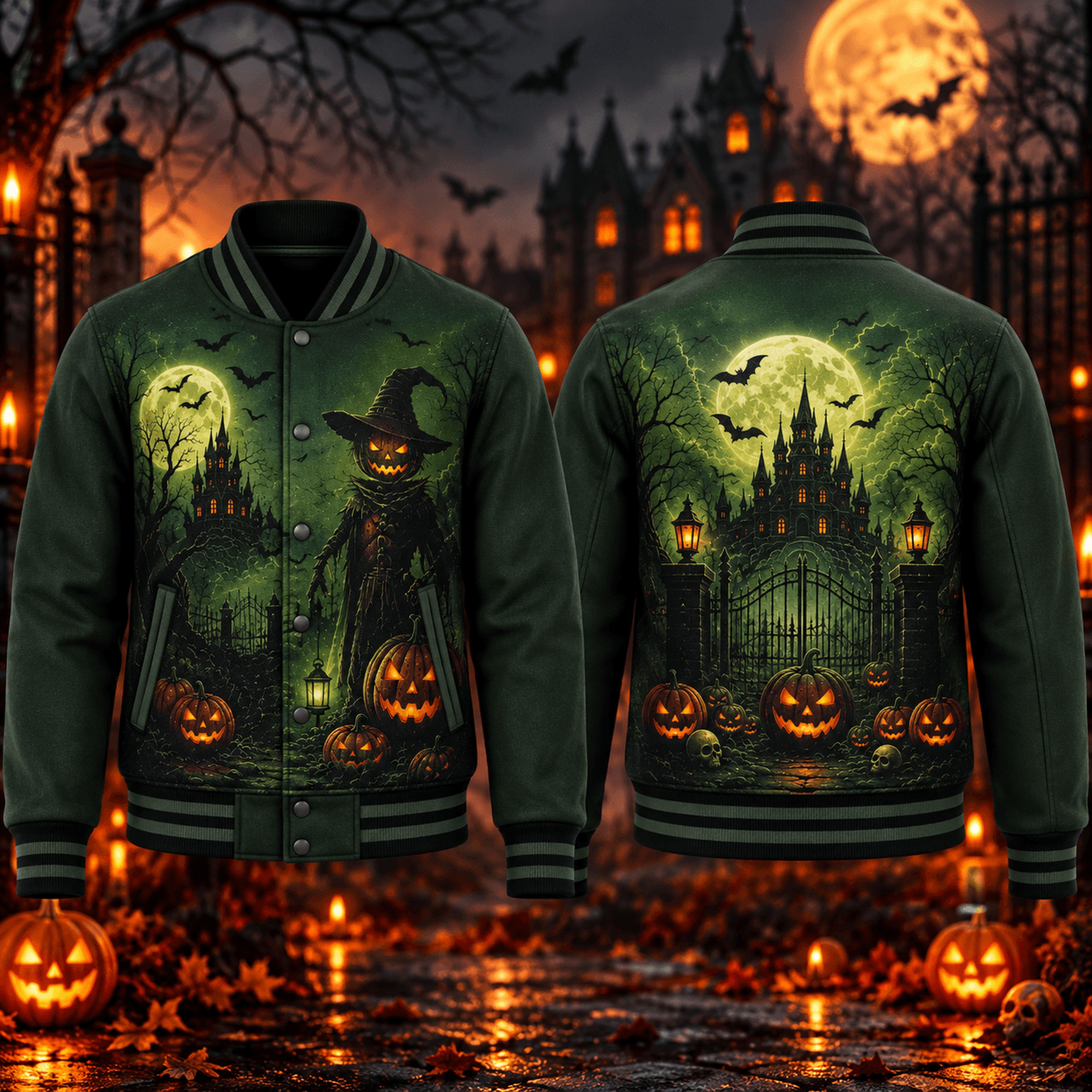halloween scarecrow unisex varsity jacket, haunted castle pumpkin moon gothic horror printed adult jacket