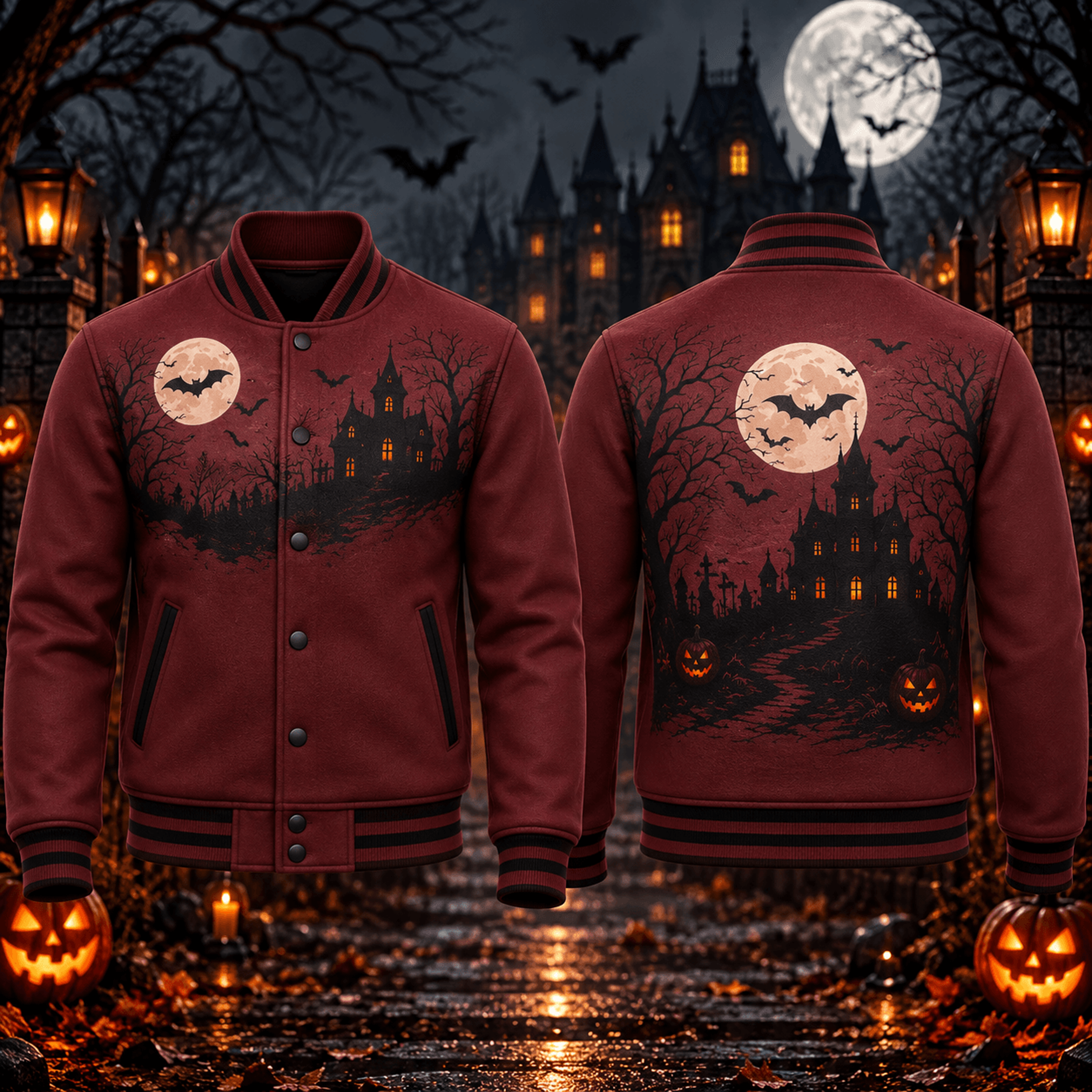 halloween haunted castle unisex varsity jacket, moon bat pumpkin gothic spooky printed adult jacket
