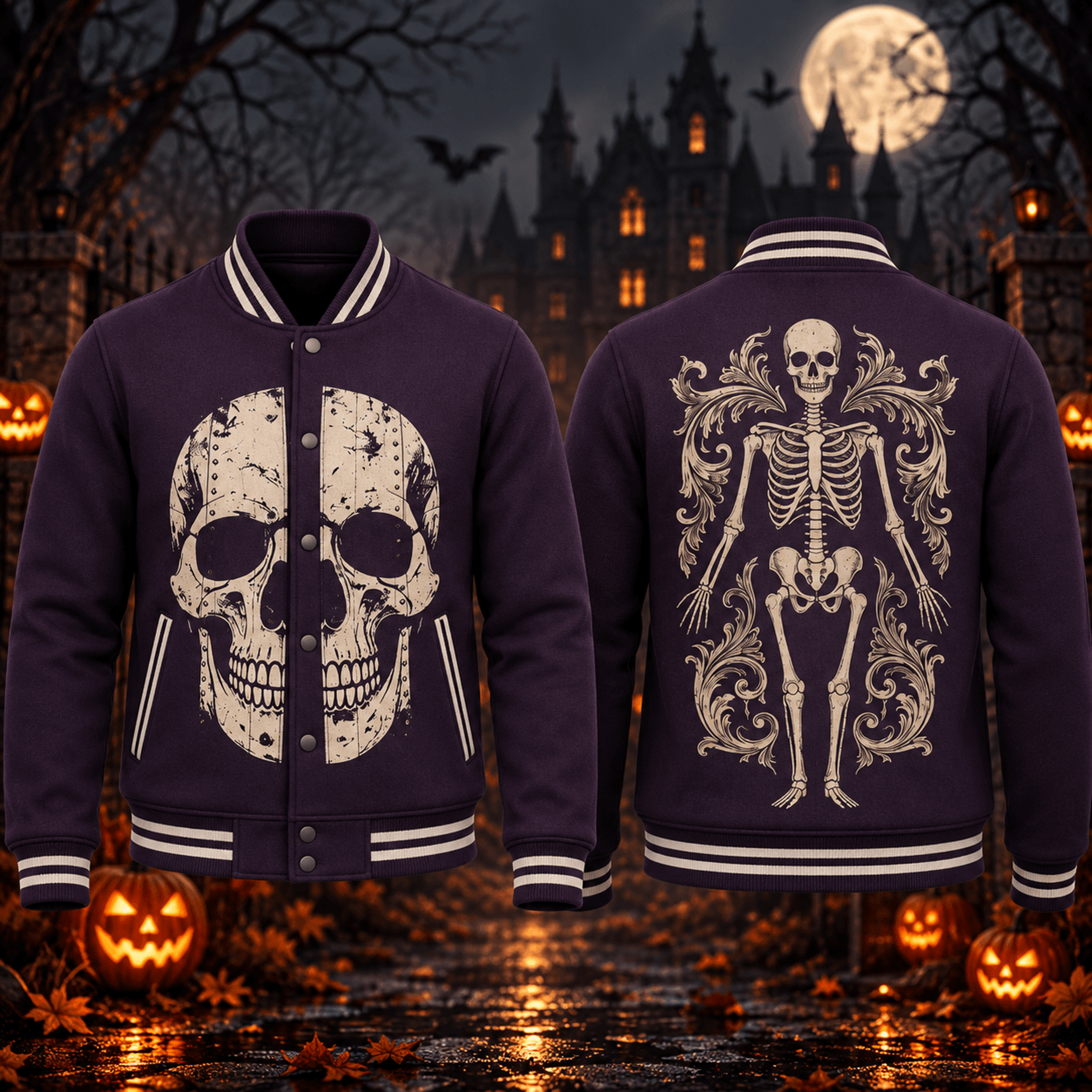 halloween skull skeleton unisex varsity jacket, gothic anatomy horror printed adult jacket, spooky halloween outfit