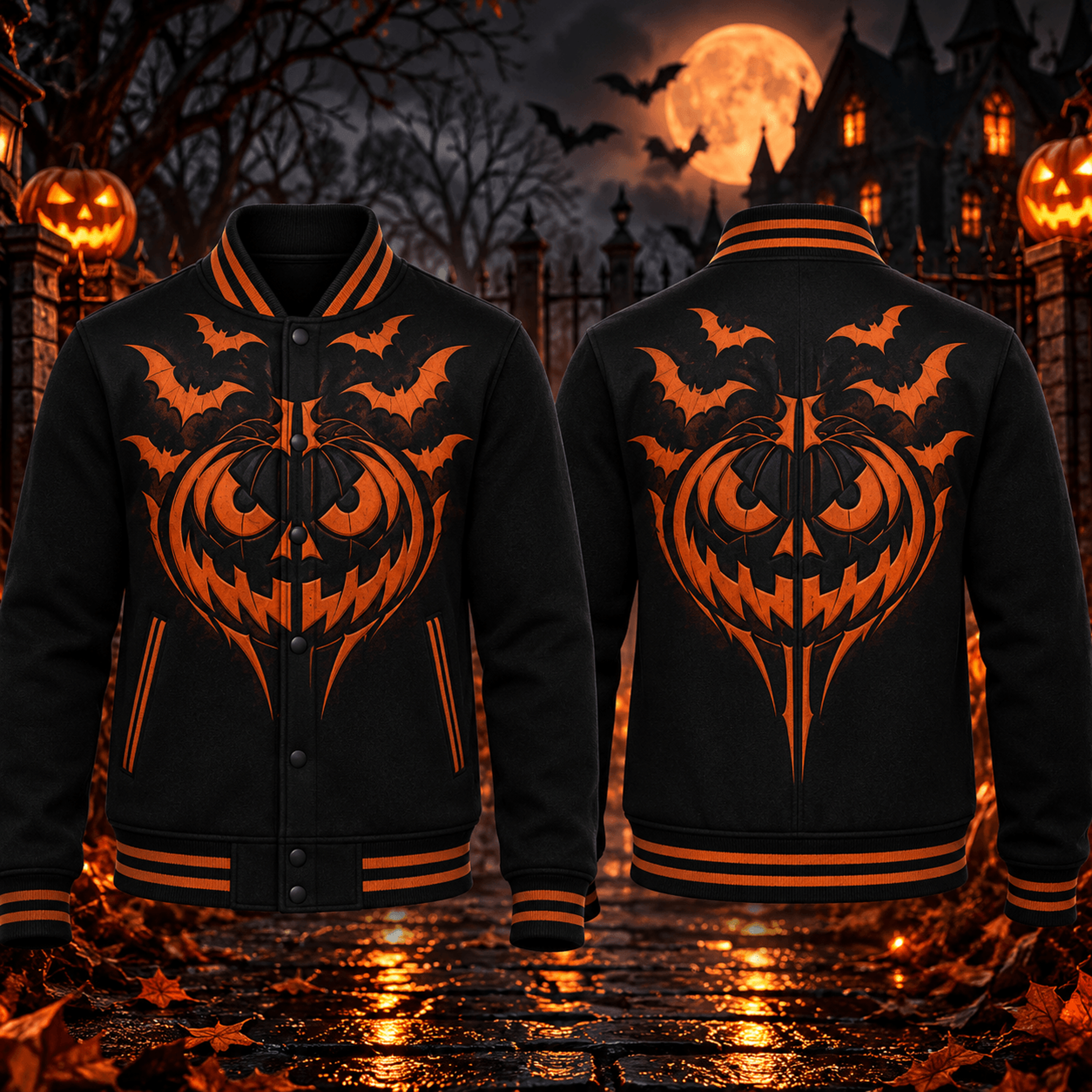 halloween evil pumpkin bat unisex varsity jacket, orange black jack o lantern printed adult spooky jacket