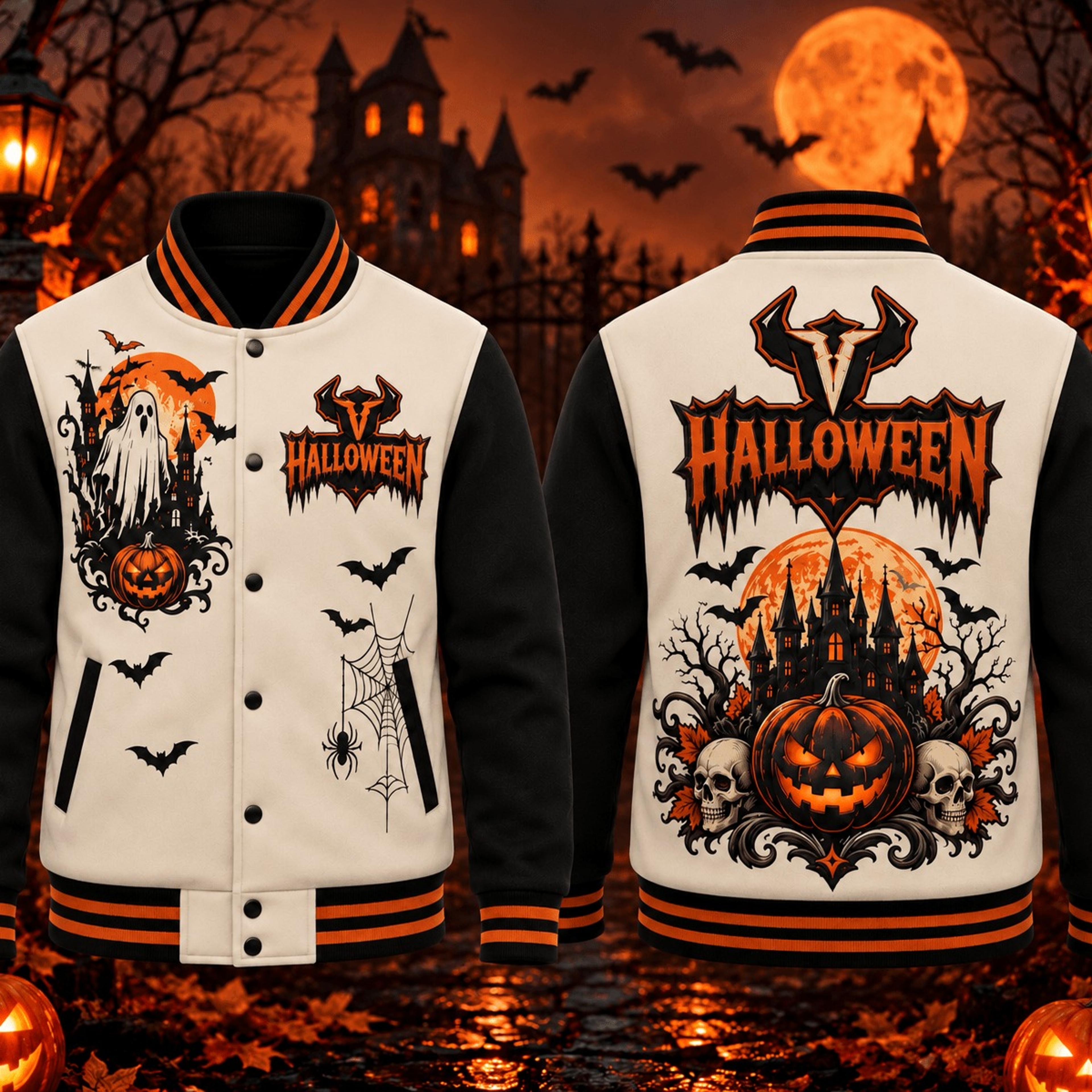 halloween ghost pumpkin unisex varsity jacket, haunted castle skull spider gothic printed adult spooky jacket