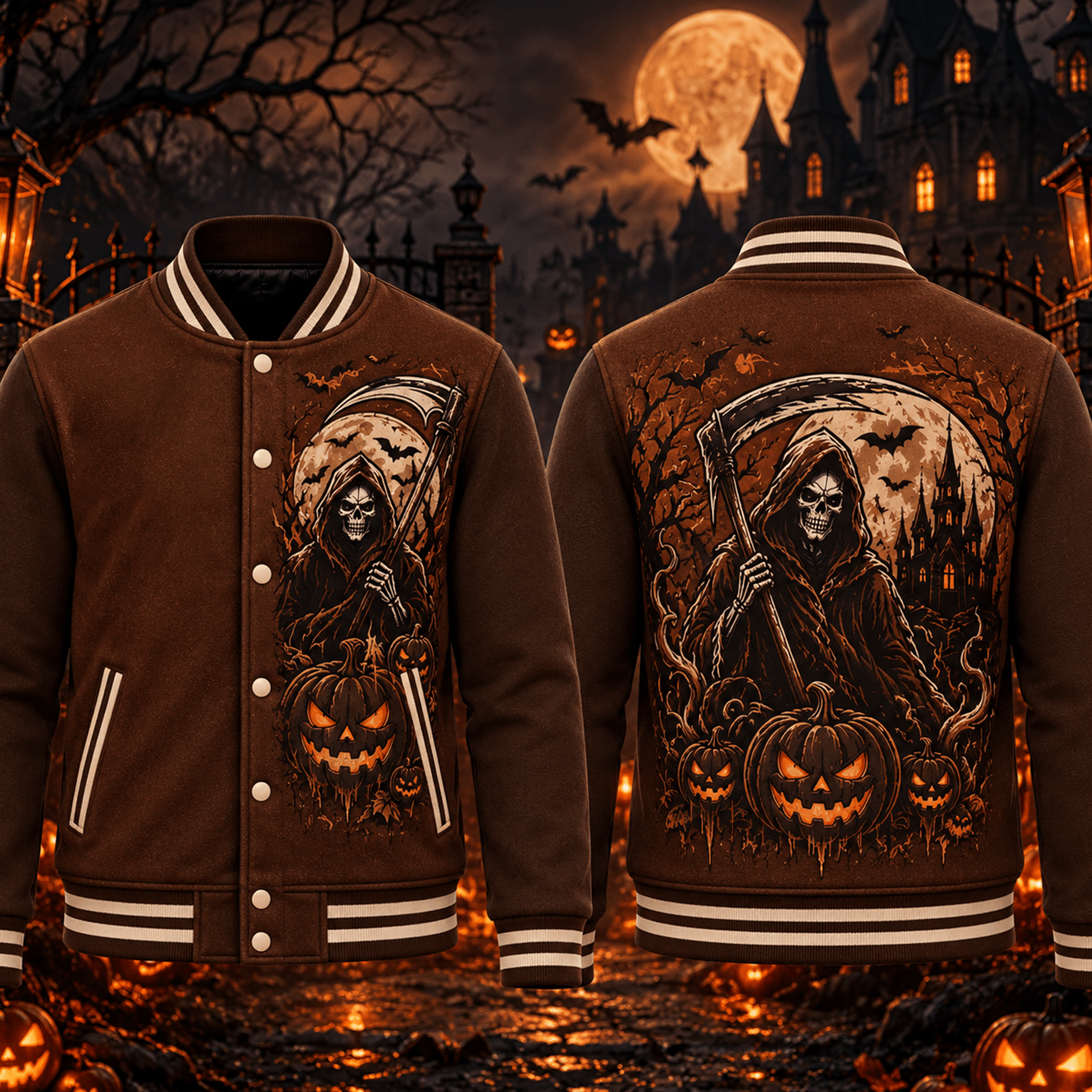 halloween grim reaper unisex varsity jacket, scythe pumpkin haunted castle gothic horror printed adult jacket