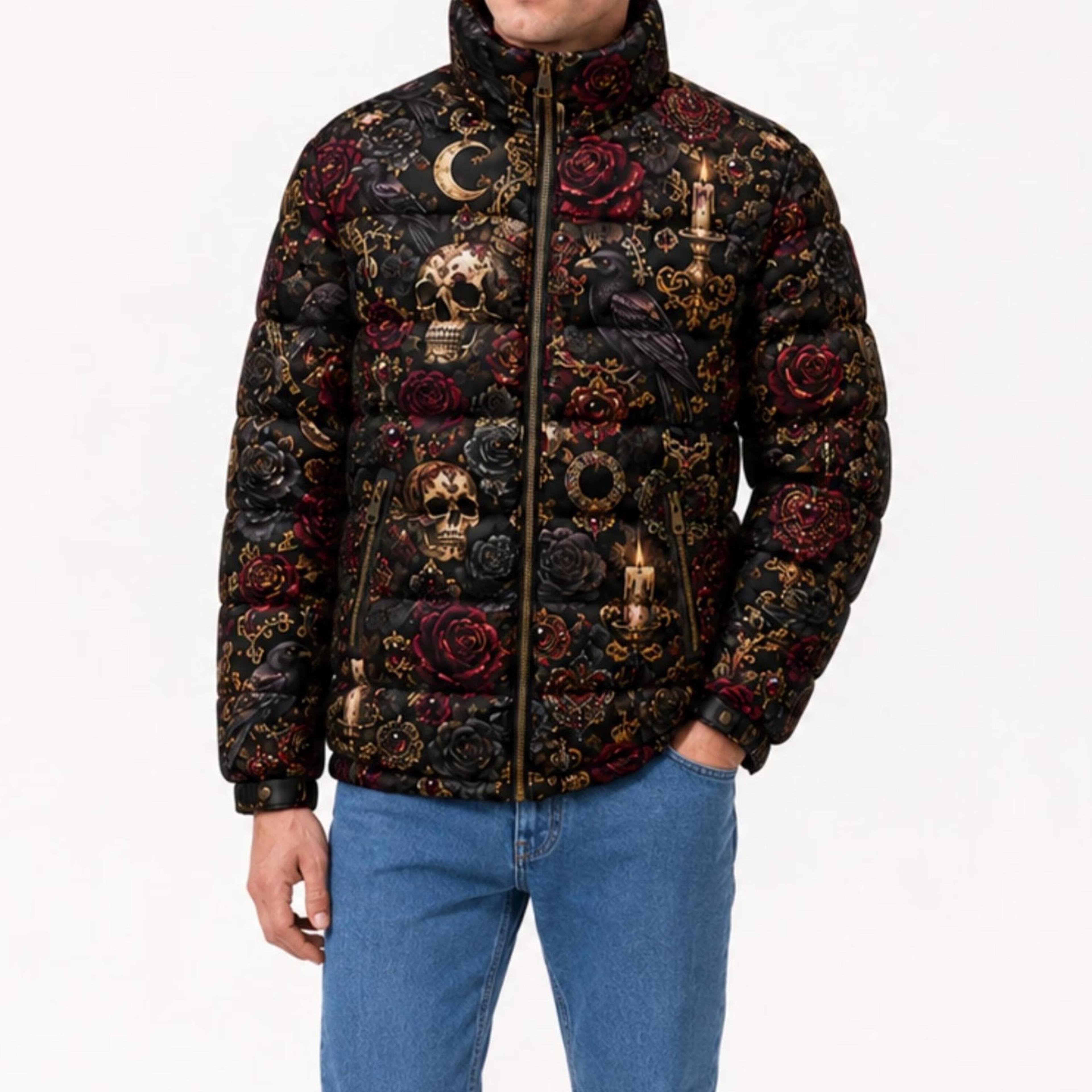 scary puffer jacket, haunted graphic quilted winter jacket, full zip, unisex insulated jacket