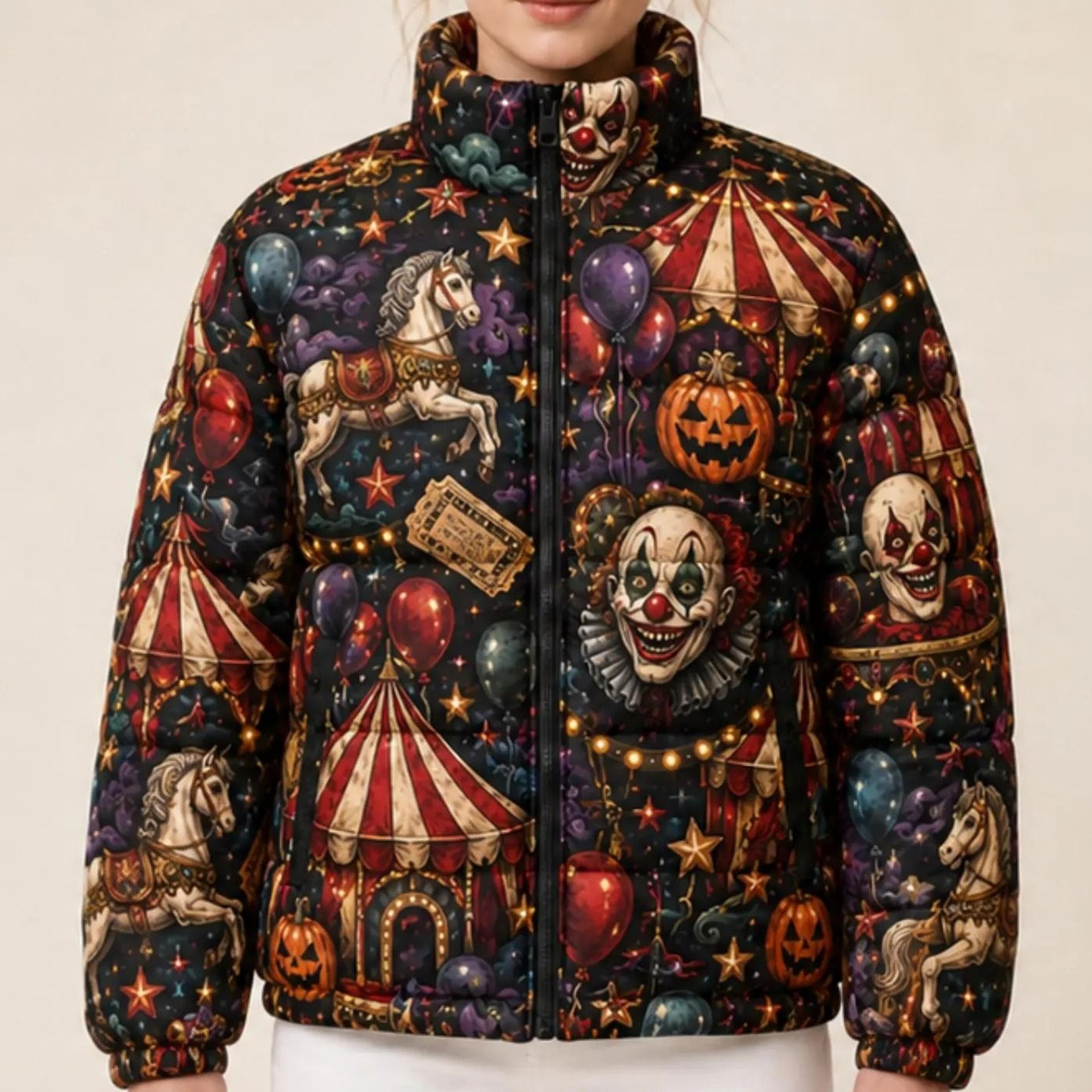 halloween puffer jacket for unisex, winter gift for couples, spooky printed quilted winter coat, full sleeve warm