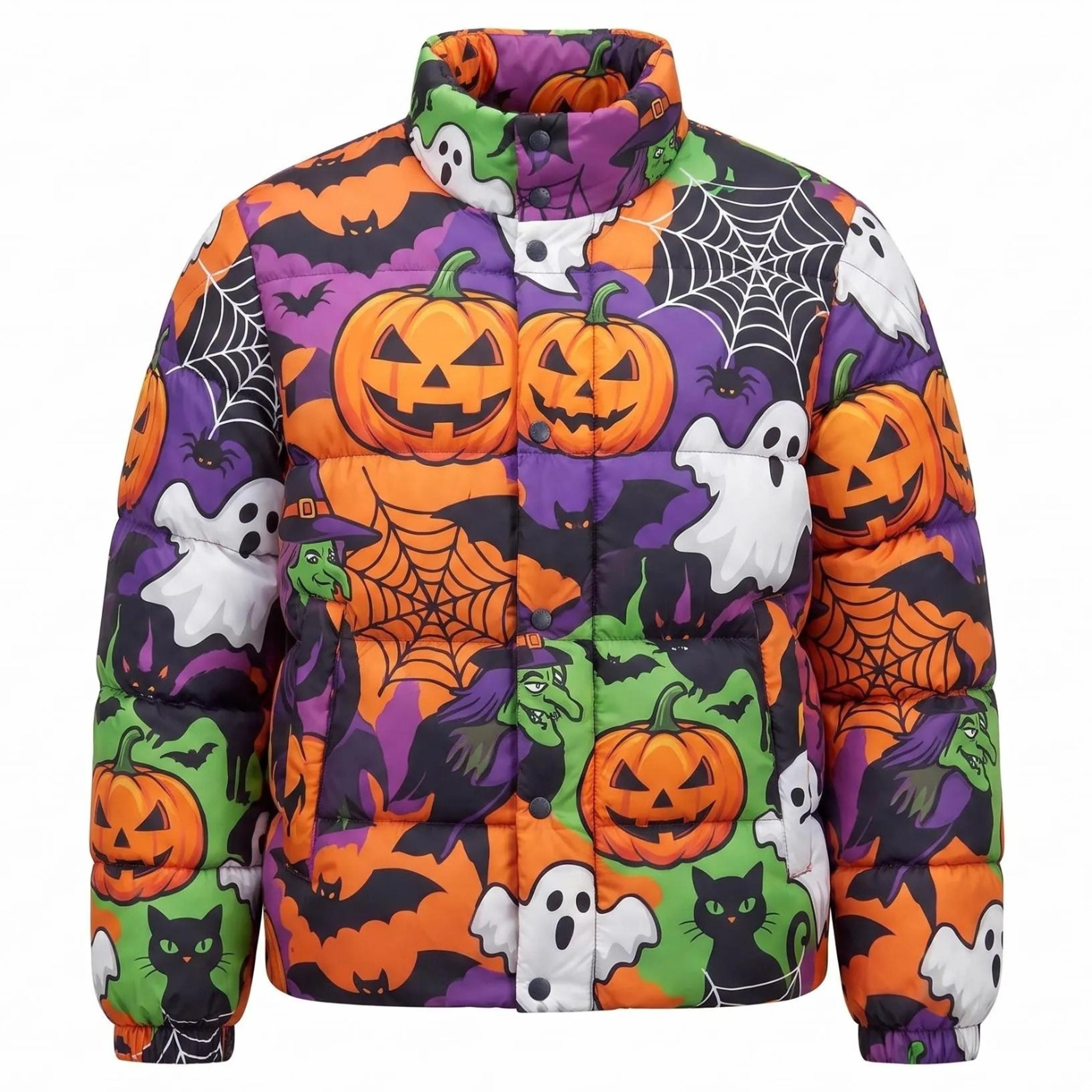halloween puffer jacket, spooky coat | witch pumpkin bubble jacket, black cat ghost streetwear