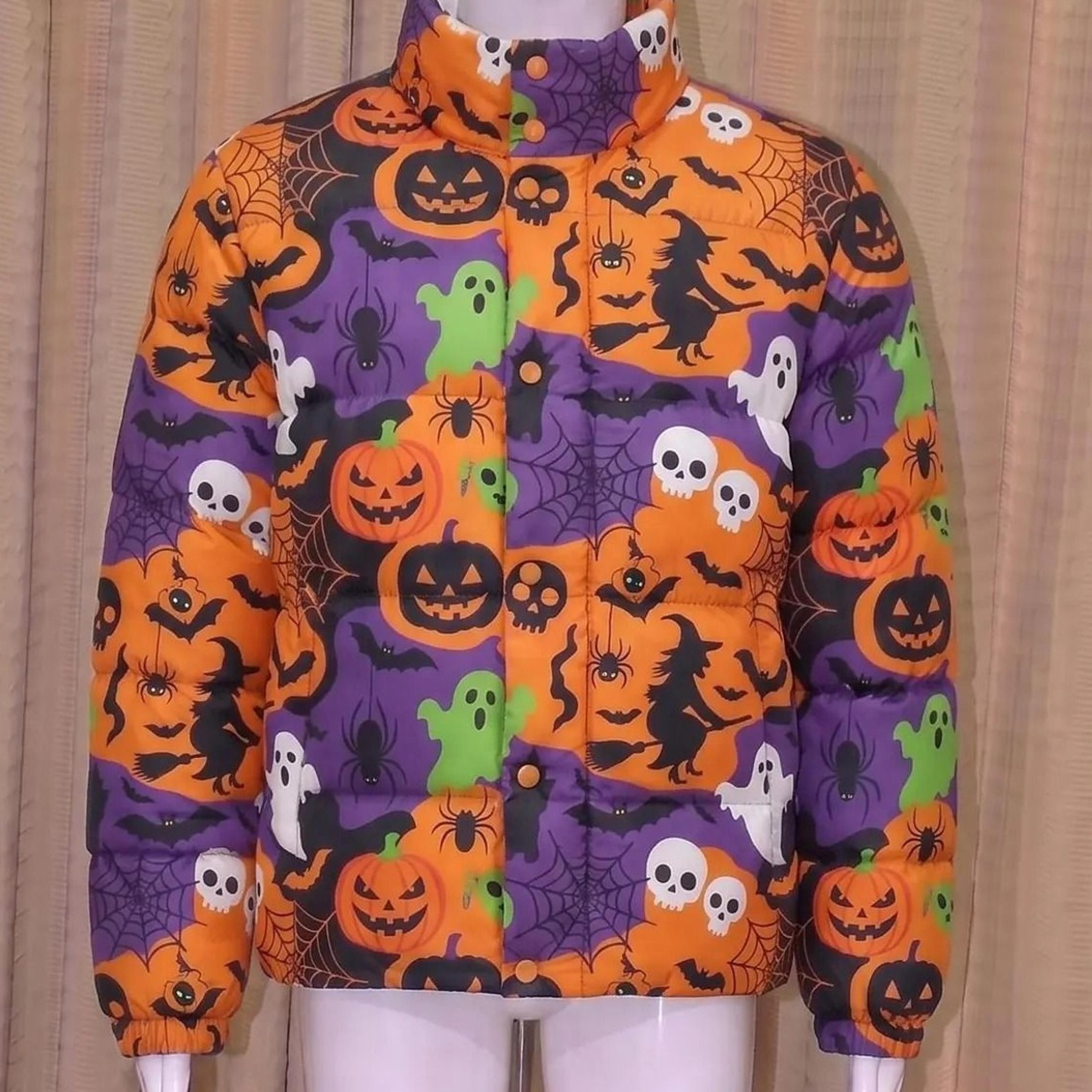 halloween puffer jacket, spooky ghost coat | witch pumpkin bubble jacket, gothic fall streetwear