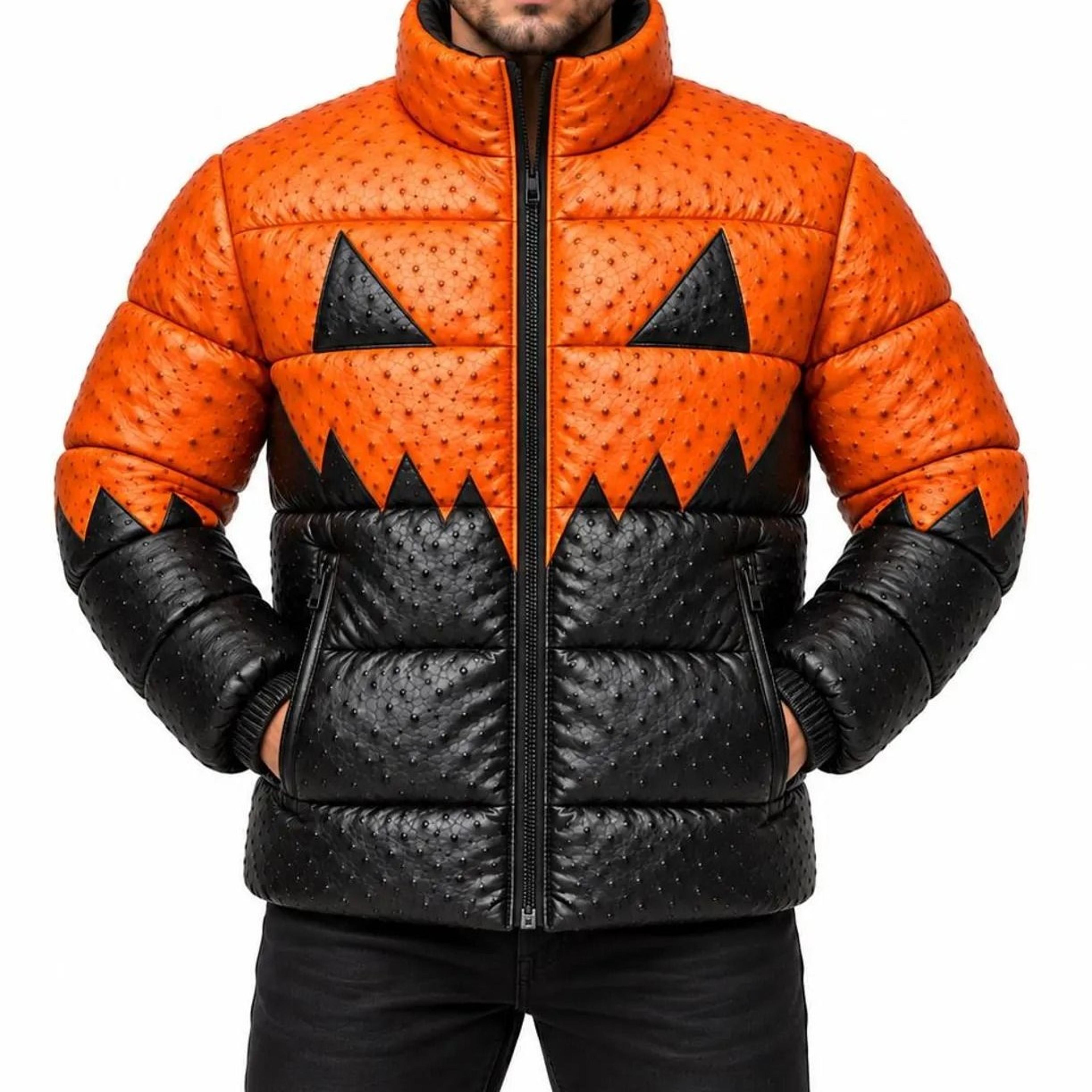 men's halloween leather puffer jacket, ostrich pumpkin biker jacket