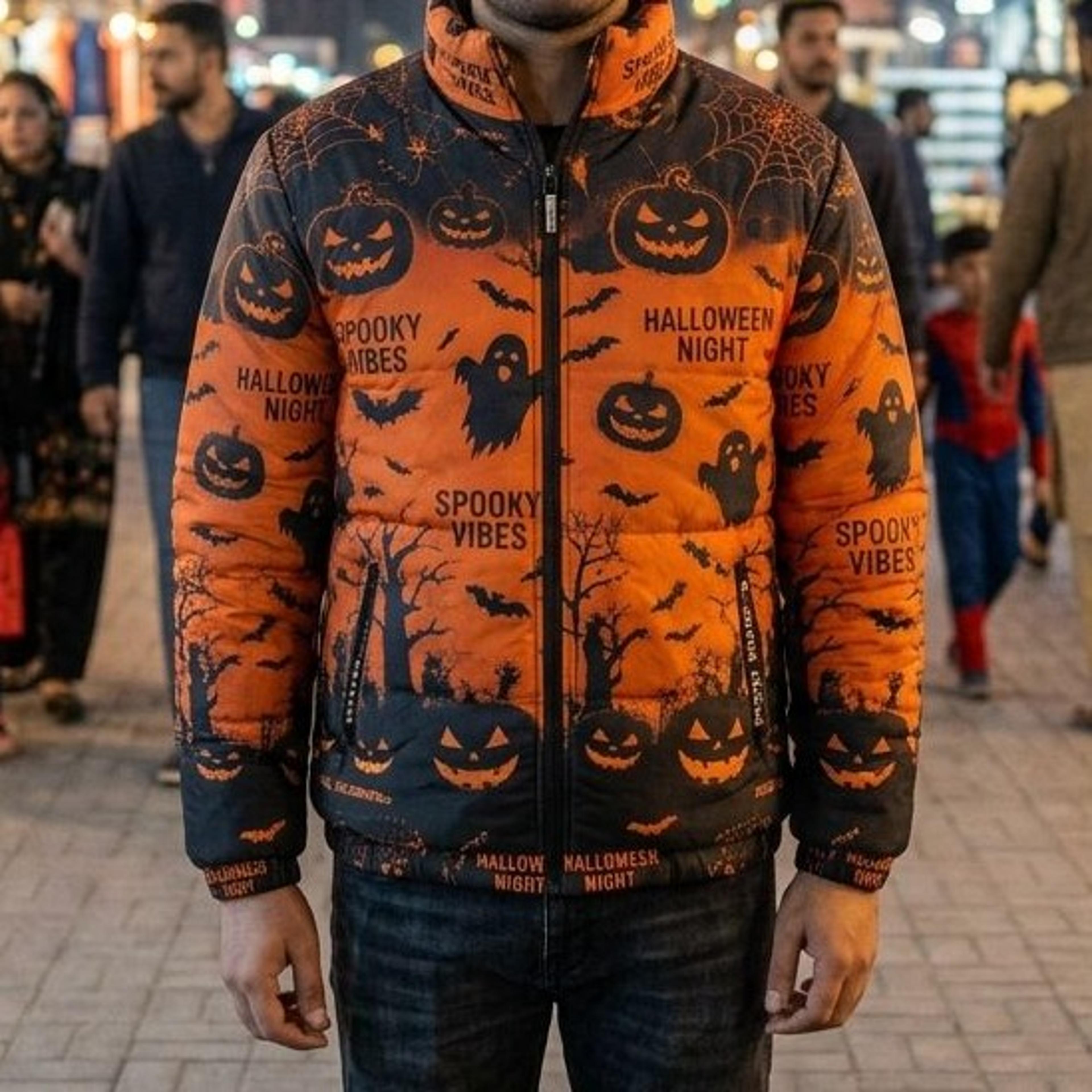 spooky vibes halloween men's puffer jacket