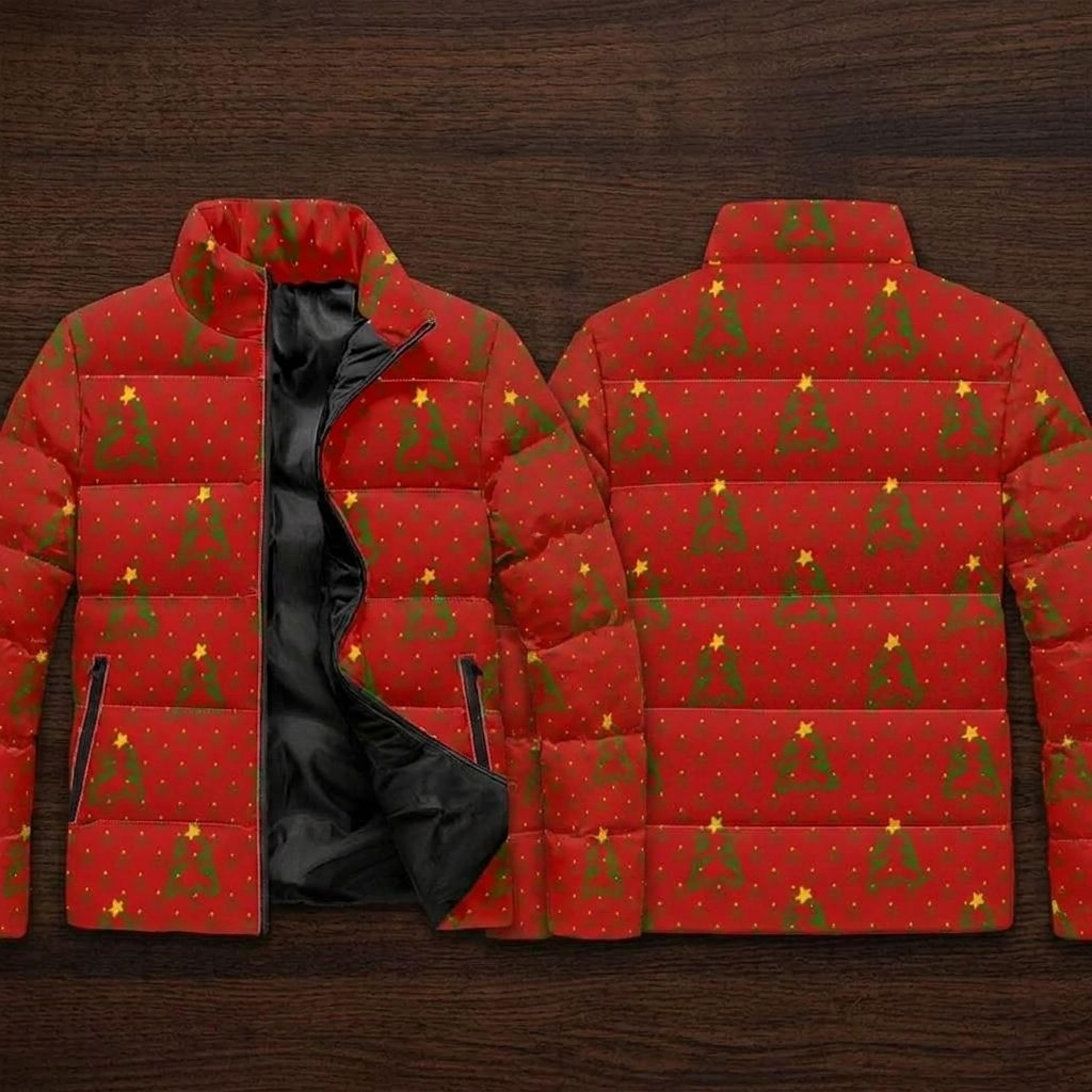 red christmas tree puffer jacket, festive green tree print winter coat, unisex adult holiday outerwear, christmas gift