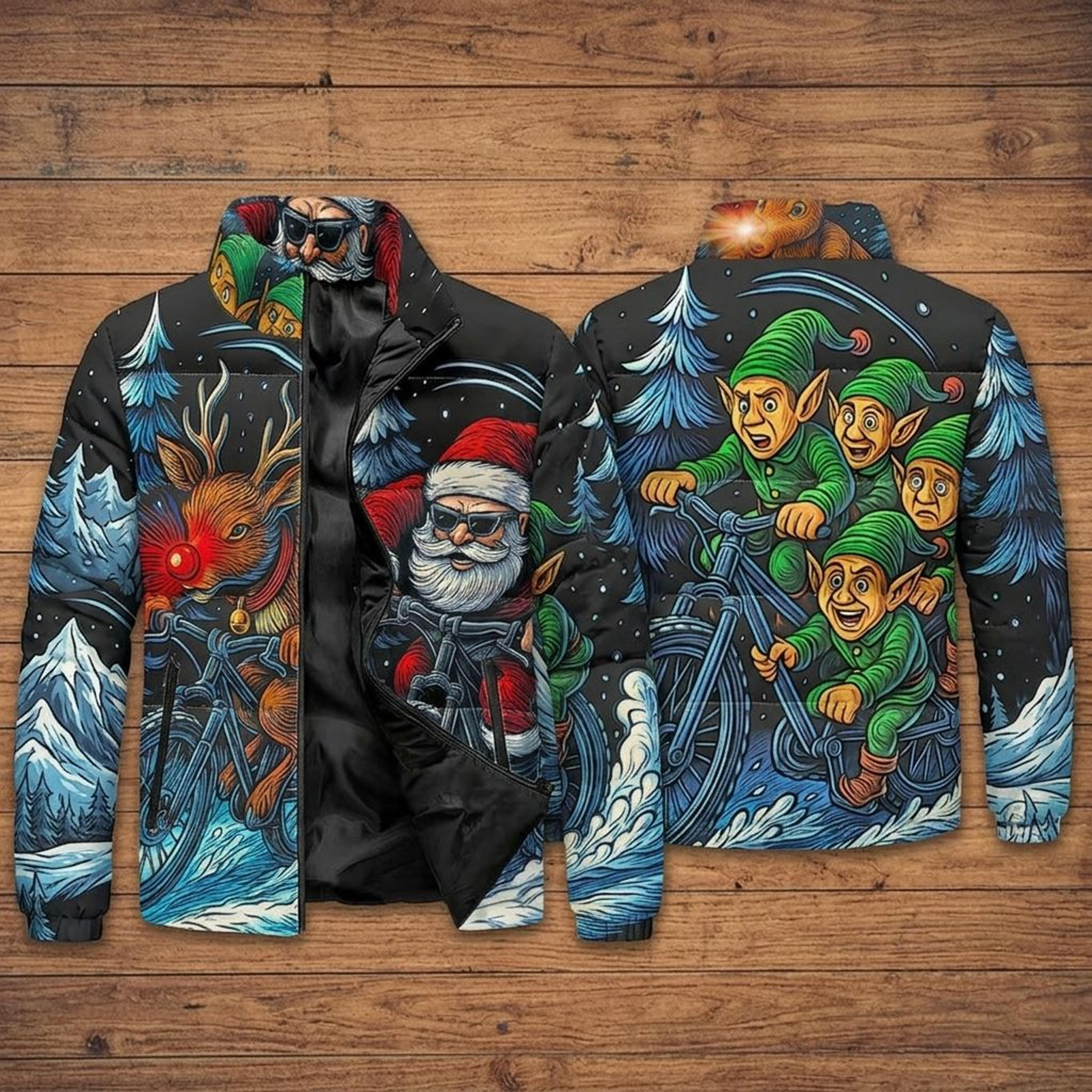 funny santa cycling puffer jacket, christmas reindeer and elf print coat, unisex adult holiday winter outerwear