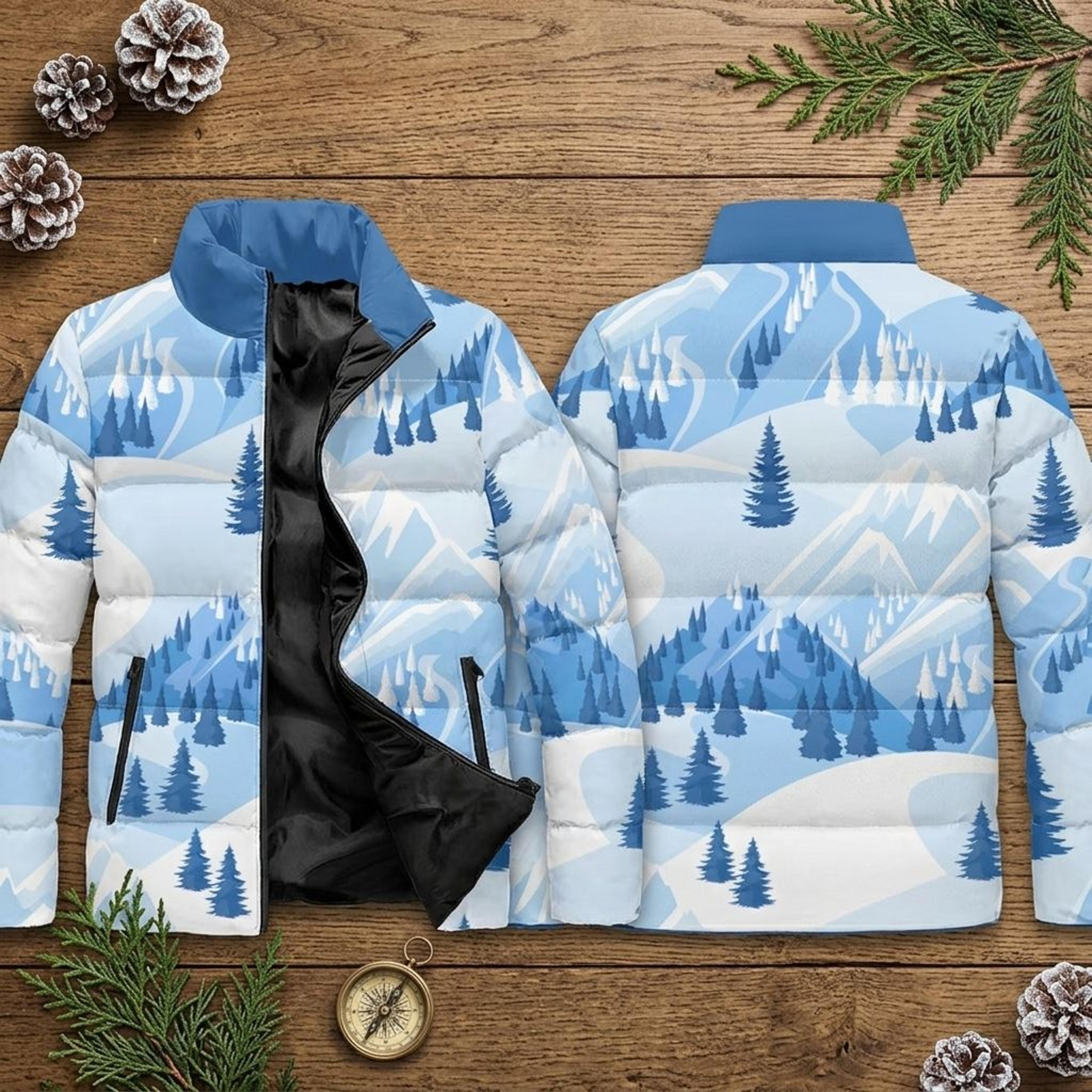 blue snowy mountain puffer jacket, alpine pine forest print winter coat, unisex adult printed outdoor jacket, winter