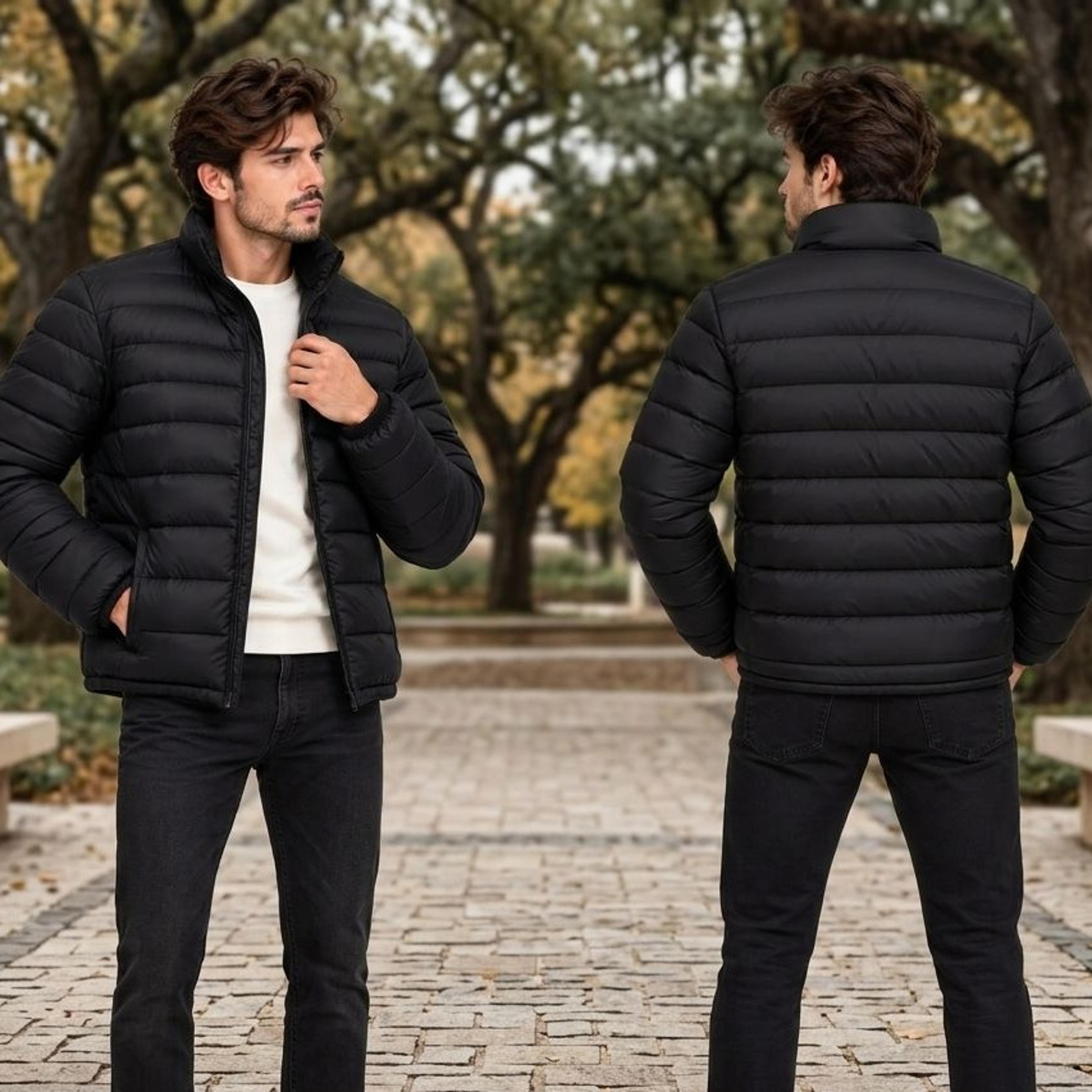 black puffer jacket, unisex adult quilted winter coat, solid black zip up jacket, minimalist casual outerwear, winter