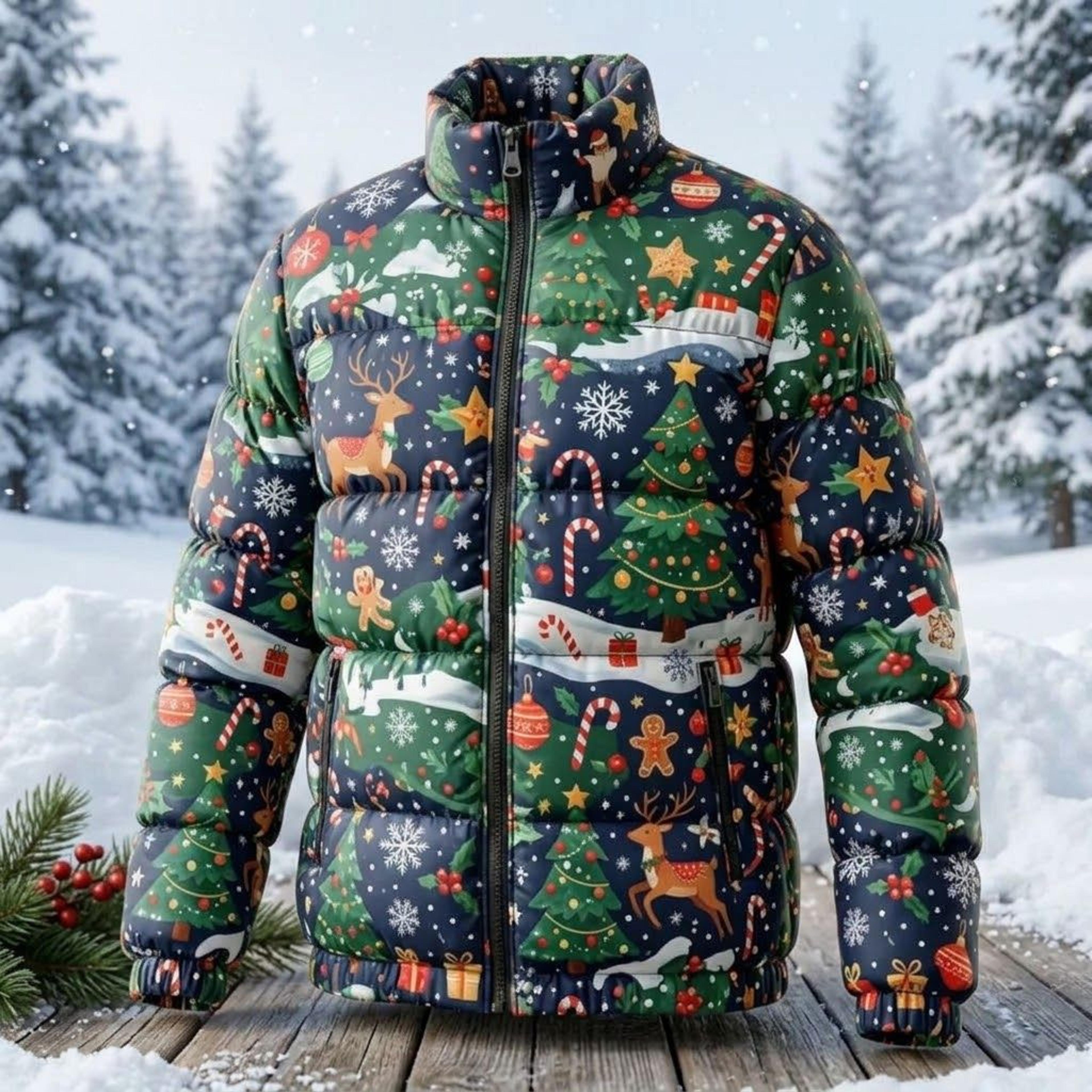christmas puffer jacket, reindeer gingerbread candy cane print winter coat, unisex adult festive holiday outerwear gift