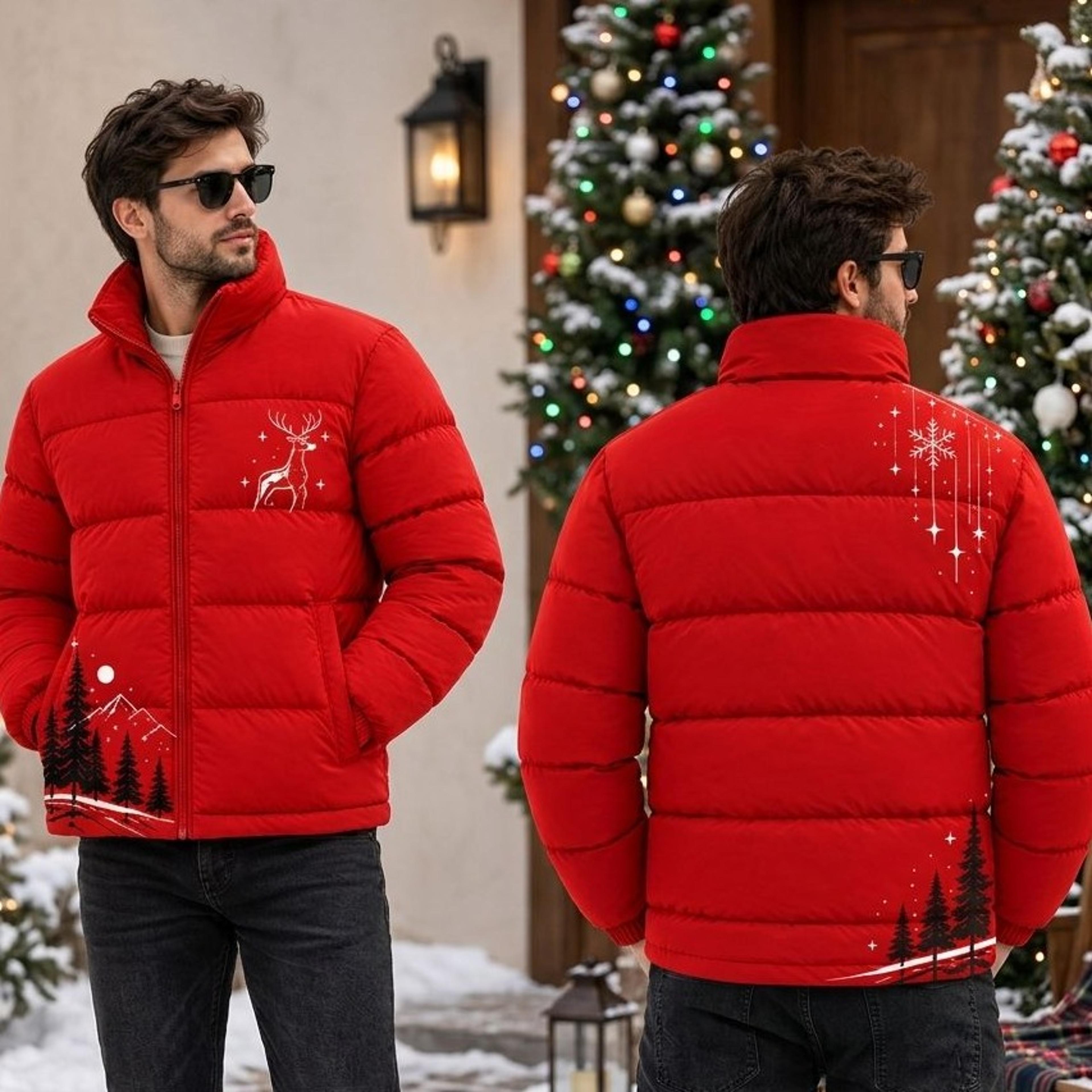 christmas reindeer puffer jacket, red winter coat with snowflake pine tree print, unisex adult festive holiday outerwear