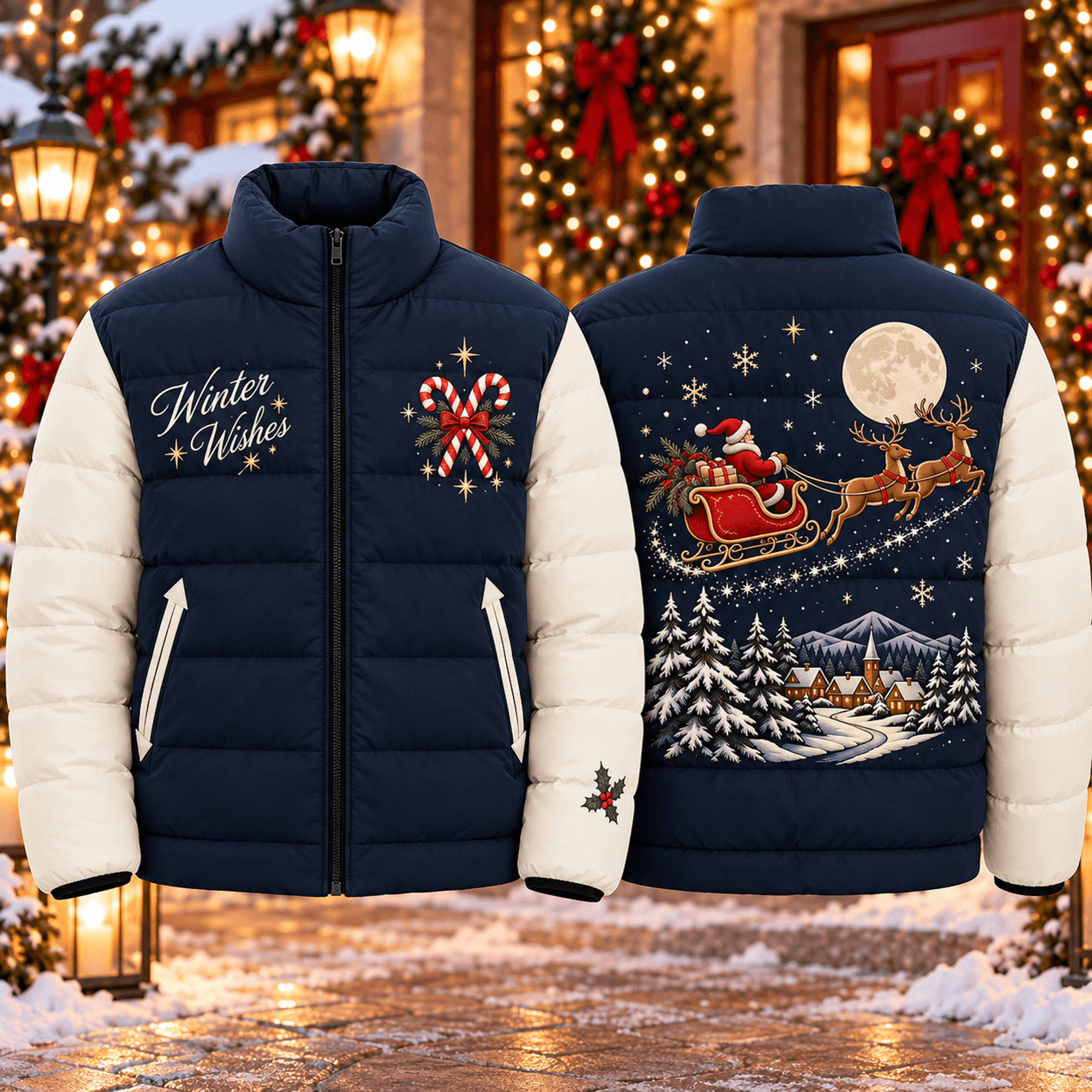 winter wishes christmas puffer jacket, santa sleigh reindeer winter coat, festive holiday printed jacket, unisex adult