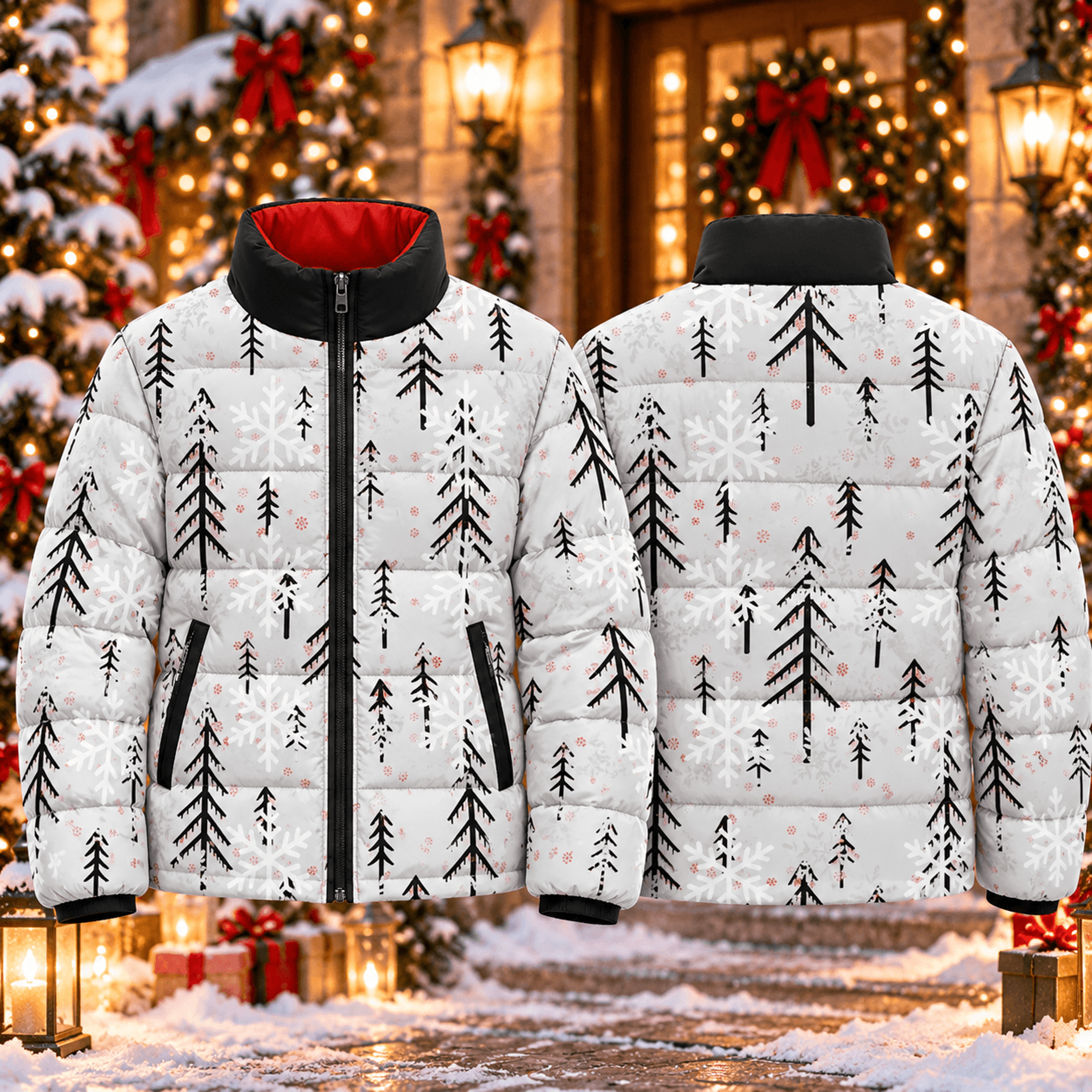 snowflake pine tree puffer jacket unisex adult, winter forest printed quilted coat, christmas snowy woodland zip up