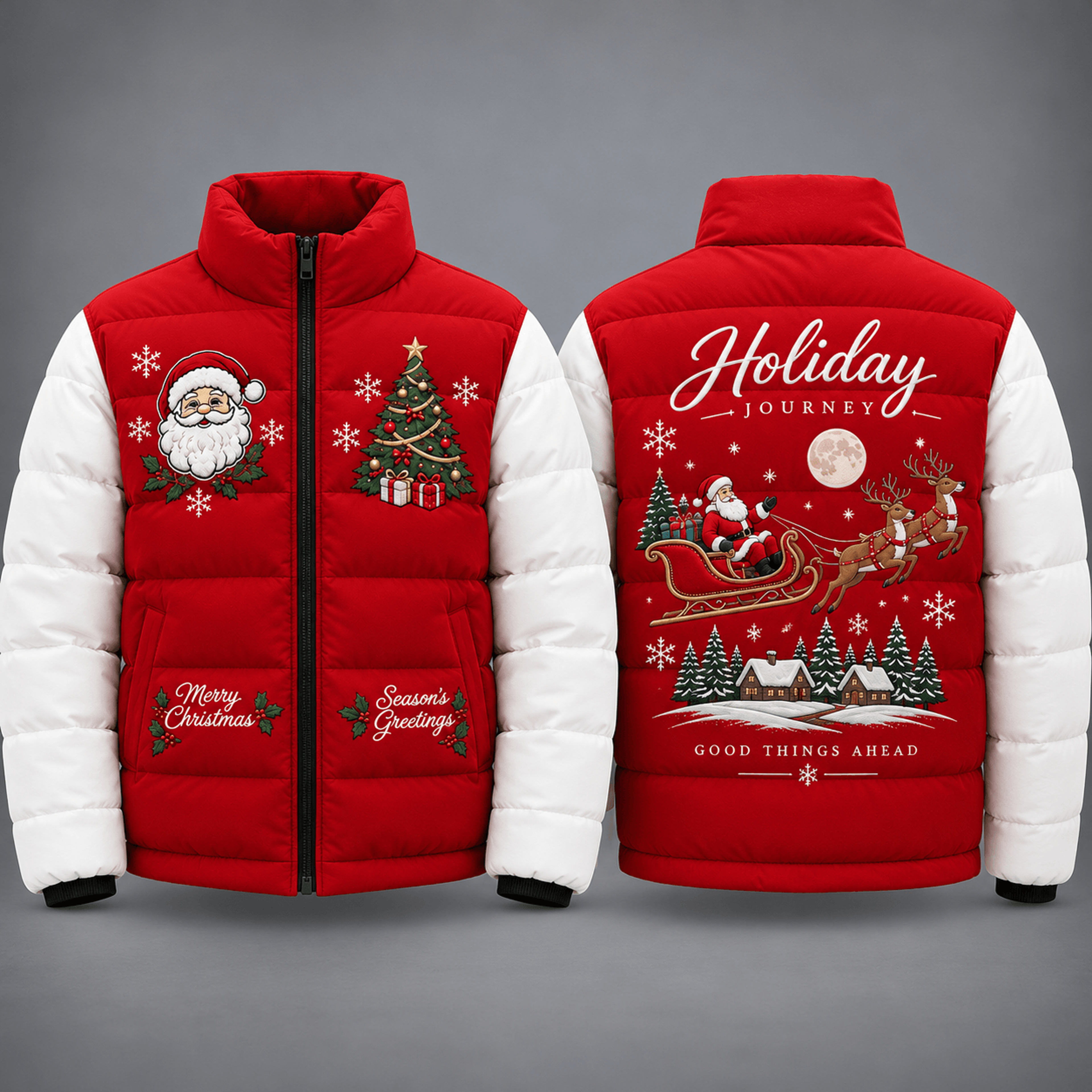 santa claus christmas puffer jacket unisex adult, holiday journey printed winter coat, festive reindeer sleigh quilted