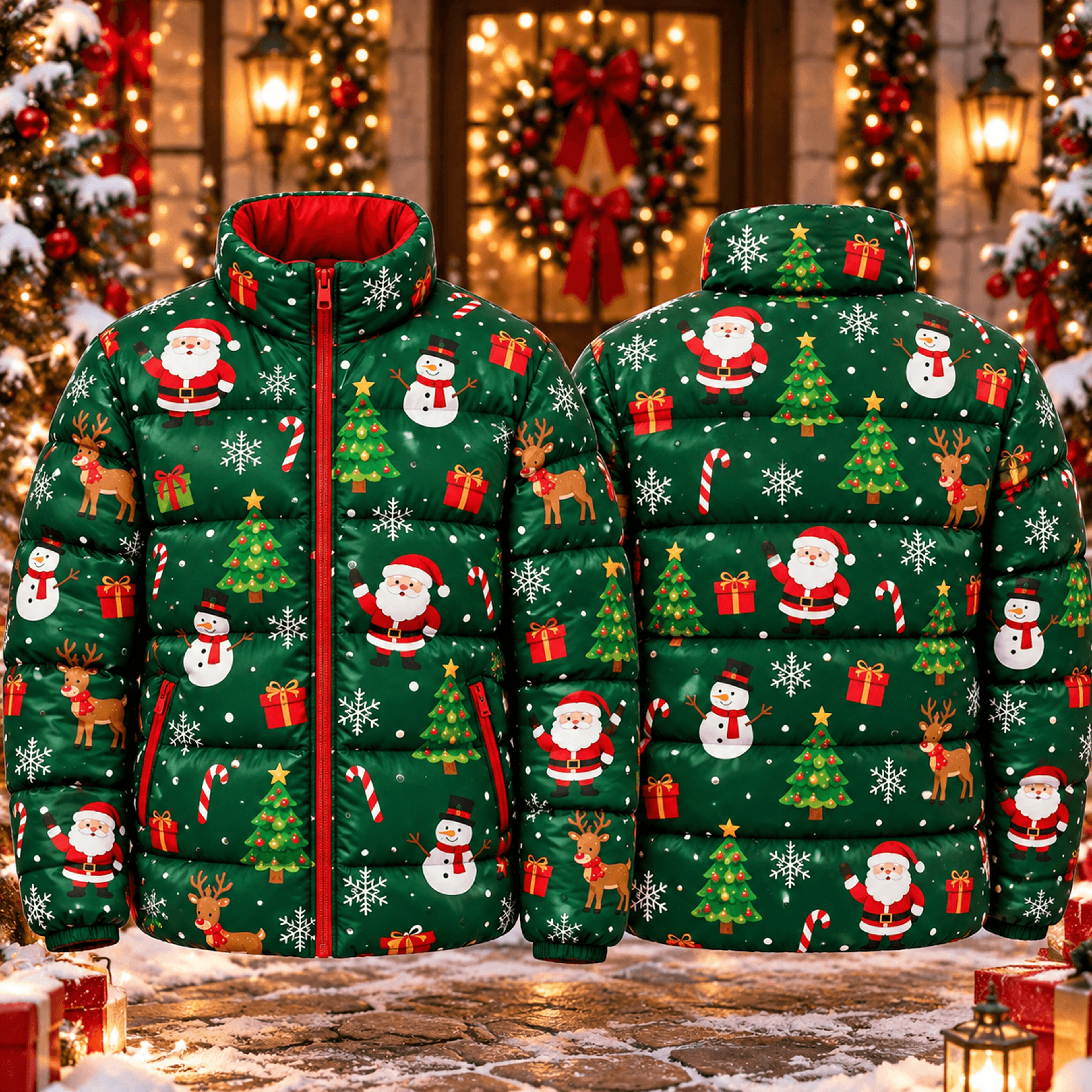 santa claus christmas puffer jacket unisex adult, festive snowman reindeer printed winter coat, holiday quilted jacket