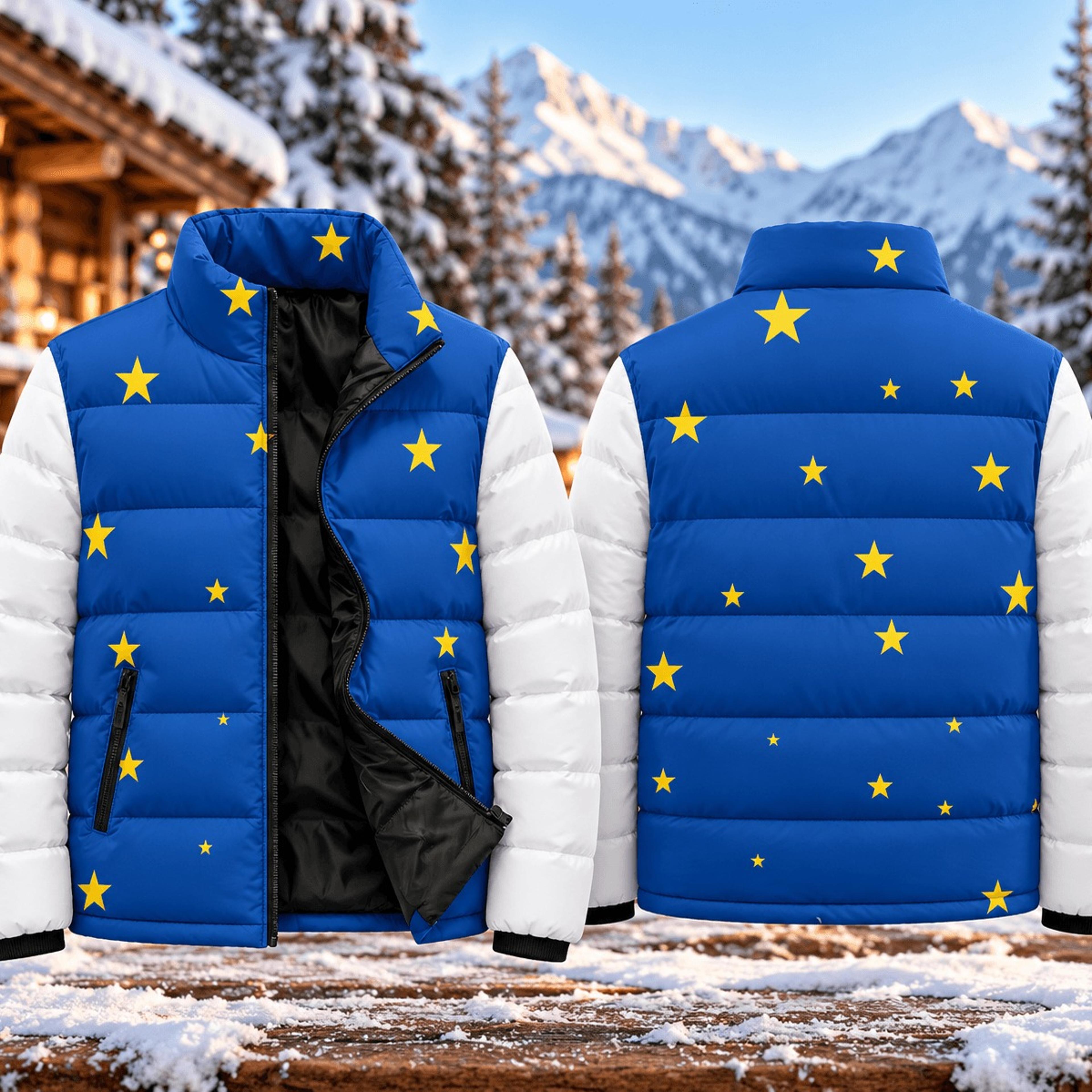 blue star print puffer jacket unisex adult, yellow stars quilted winter coat, celestial sky printed jacket, cozy
