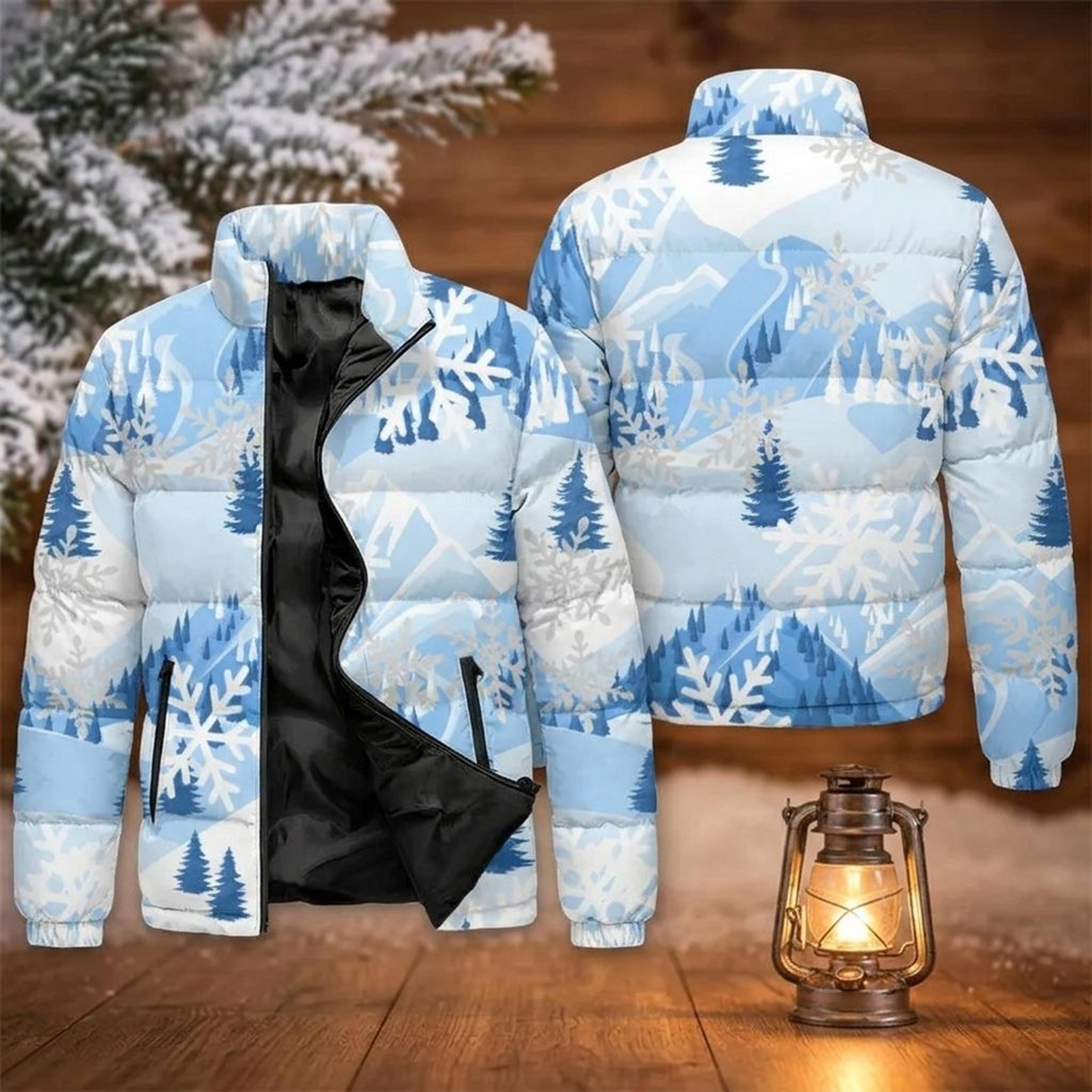 blue snowflake mountain puffer jacket unisex adult, winter forest printed quilted coat, snowy alpine outerwear gift