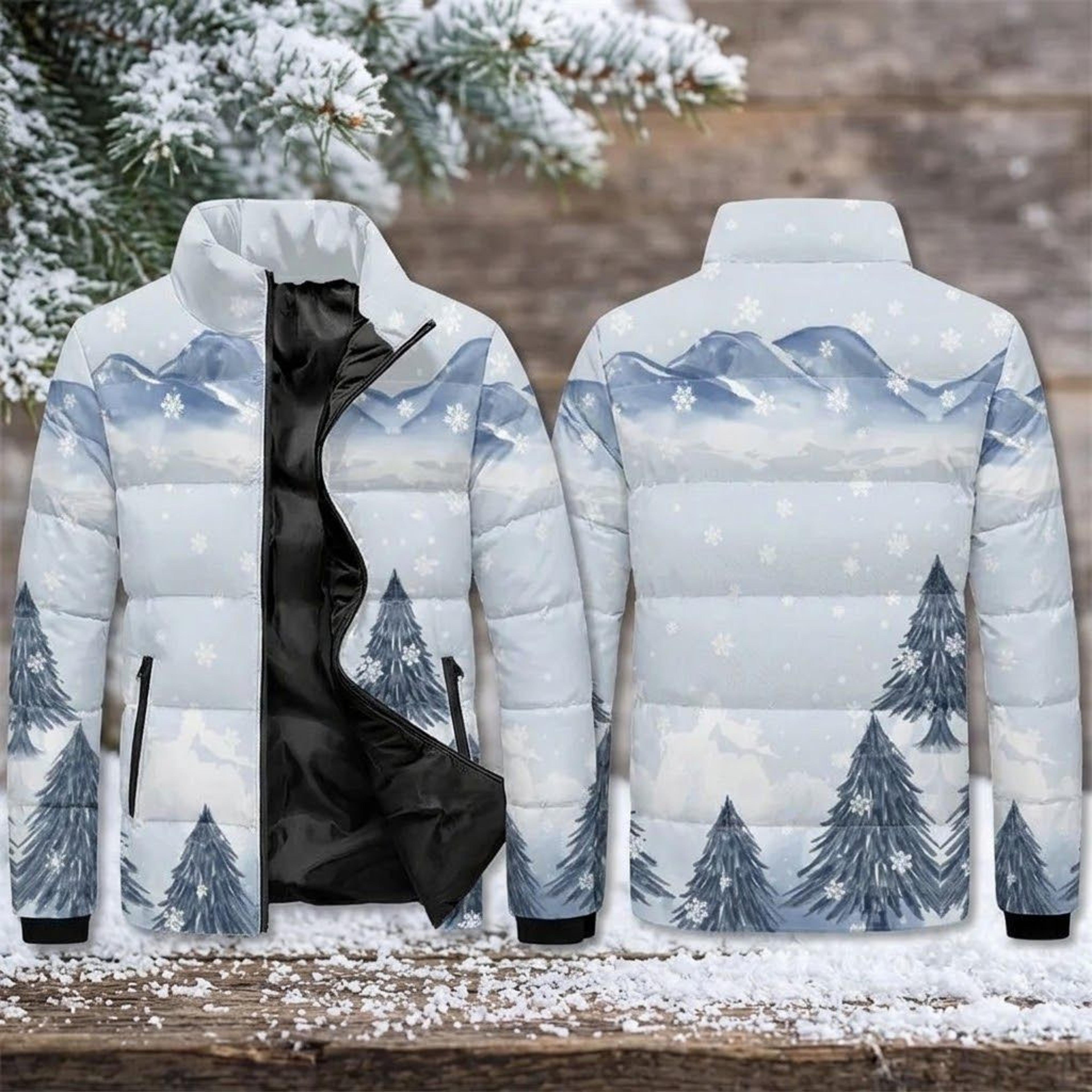 snowy mountain forest puffer jacket unisex adult, winter pine tree printed quilted coat, snowflake landscape outerwear