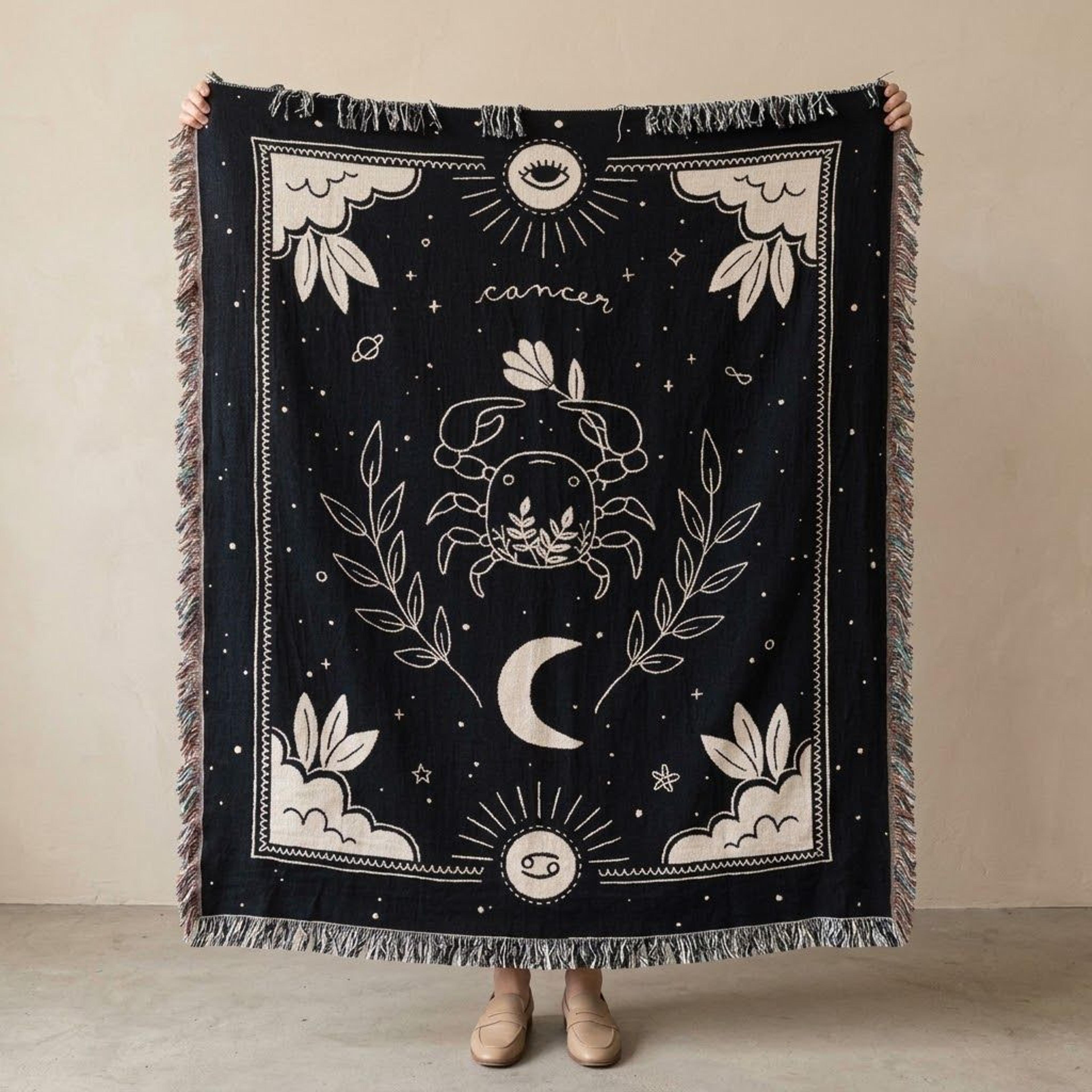 cancer zodiac woven blanket, celestial crab astrology throw, mystical moon and stars blanket, june july birthday gift