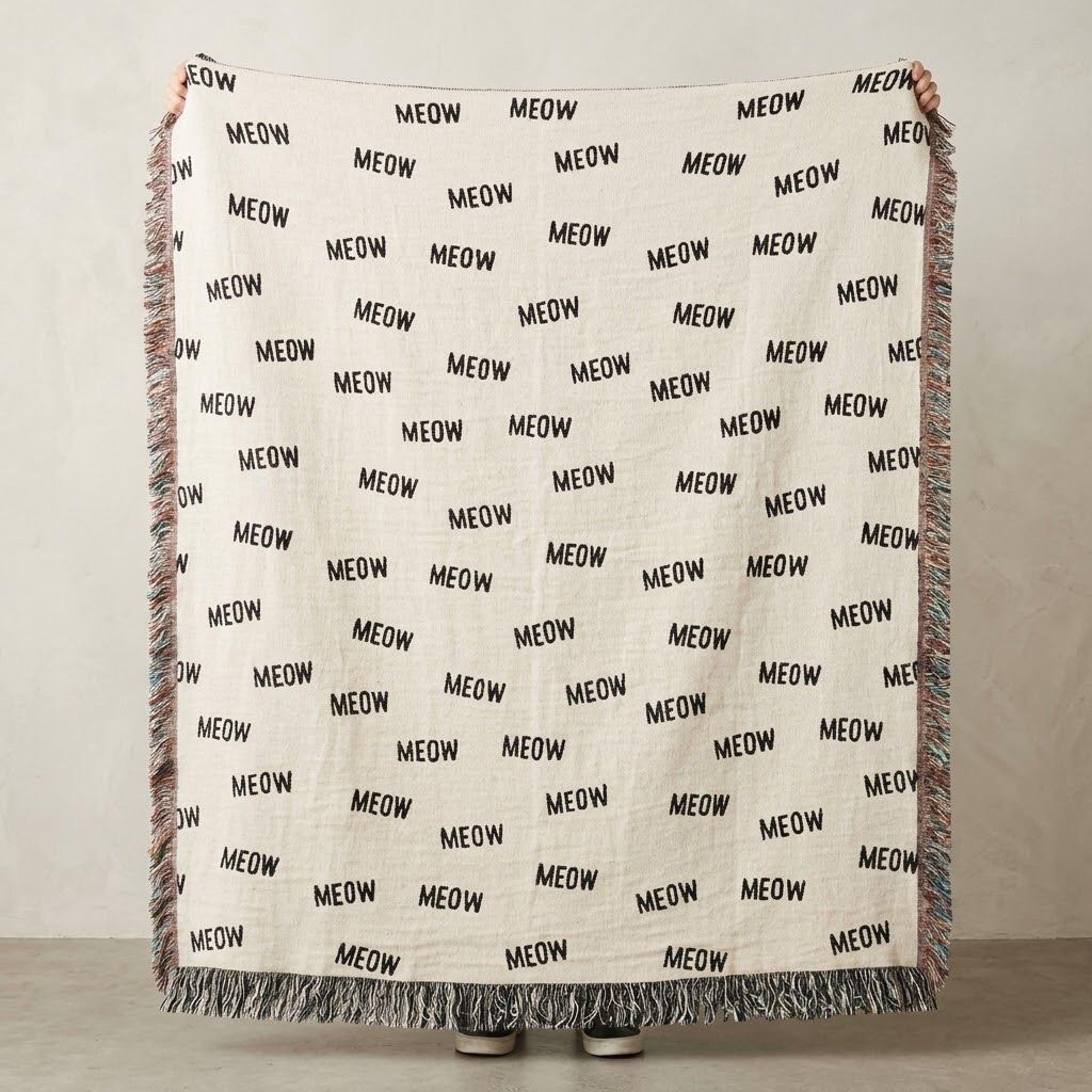 meow cat woven blanket, funny cat lover throw blanket, minimalist kitty pattern, cute feline home decor, gift for cat