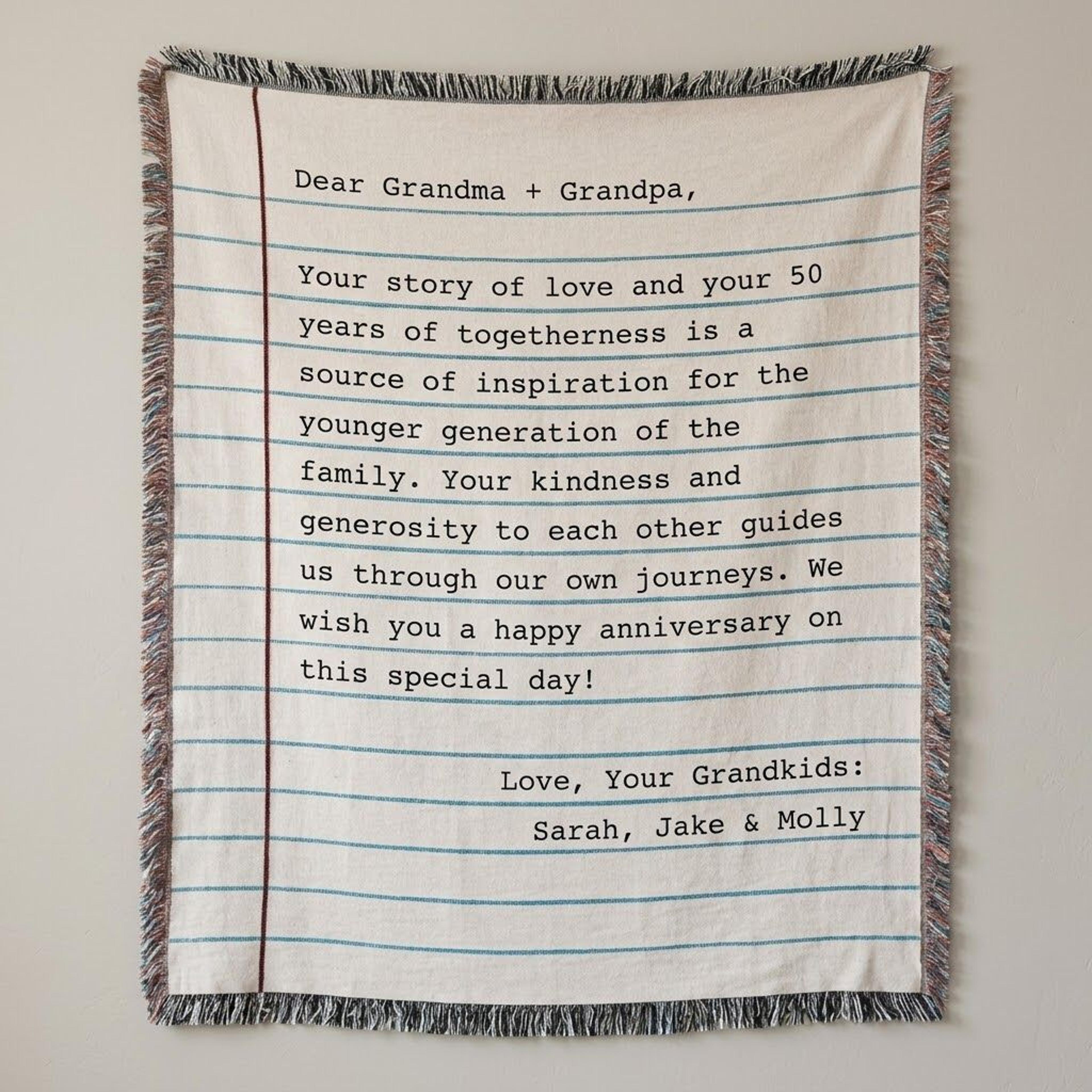 personalized 50th anniversary woven blanket, custom letter to grandma and grandpa, golden wedding anniversary gift from