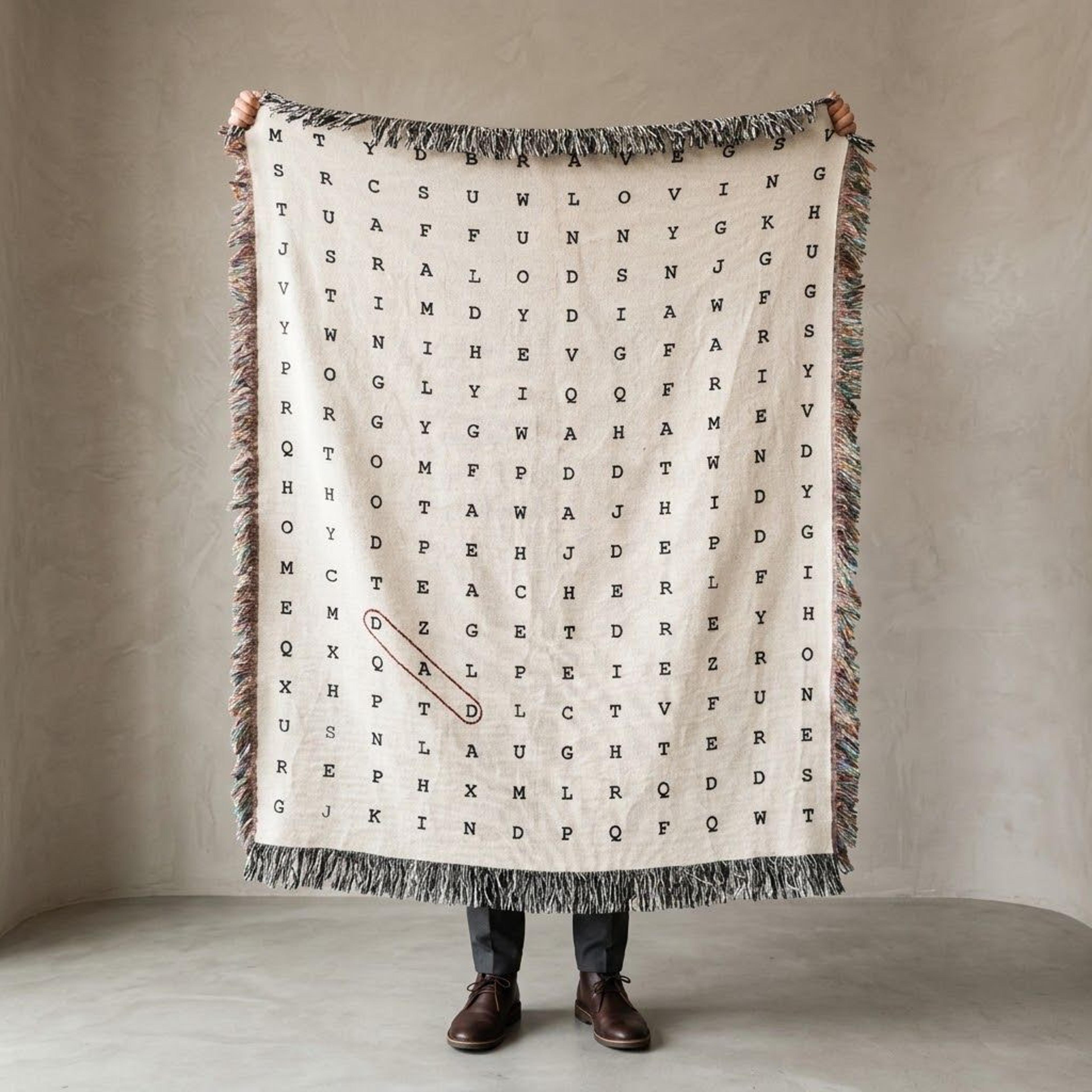 personalized word search woven blanket, custom dad gift, father's day puzzle throw, hidden message blanket, family