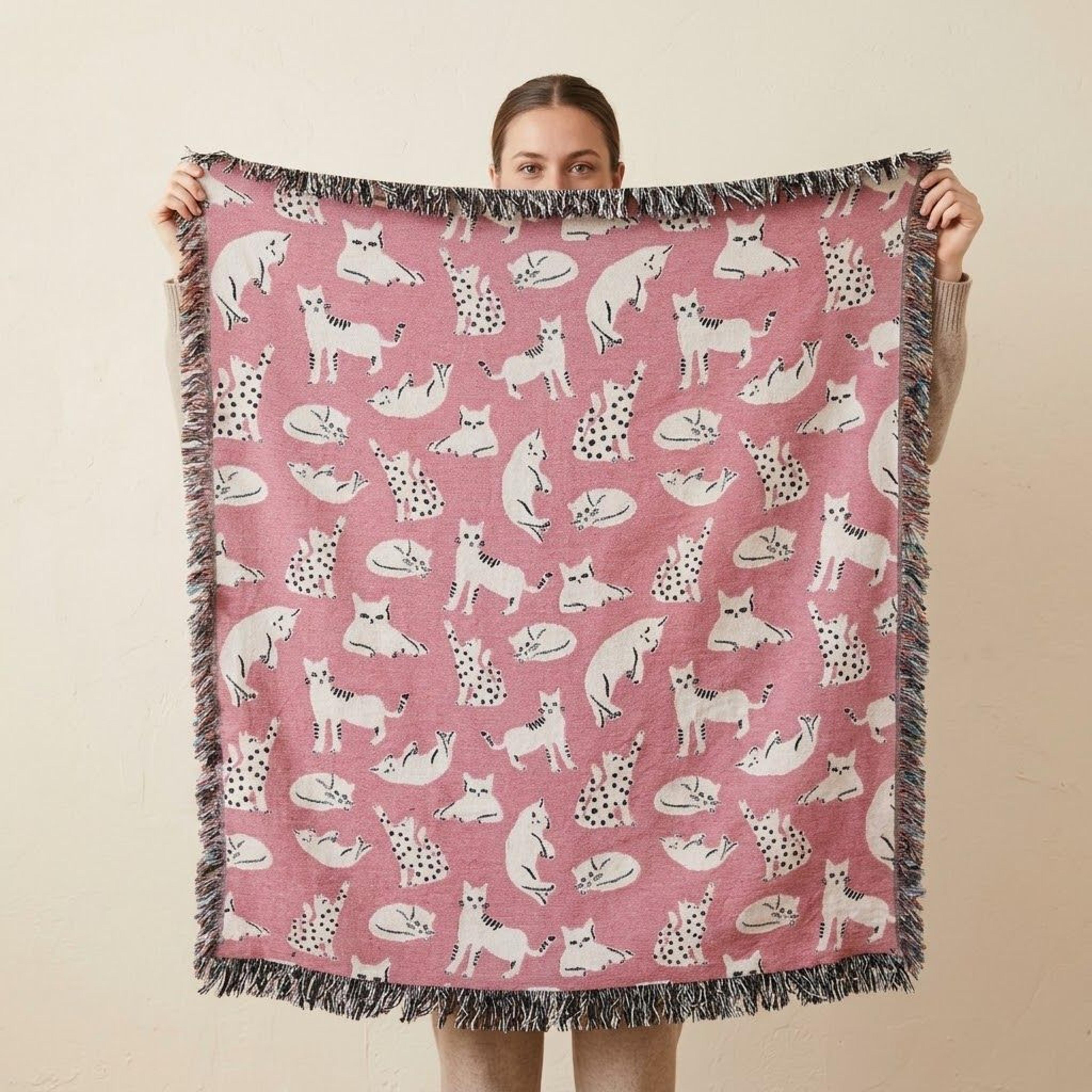 cute cat pattern woven blanket, pink kitty throw blanket, playful cat lover gift, cozy feline home decor, whimsical