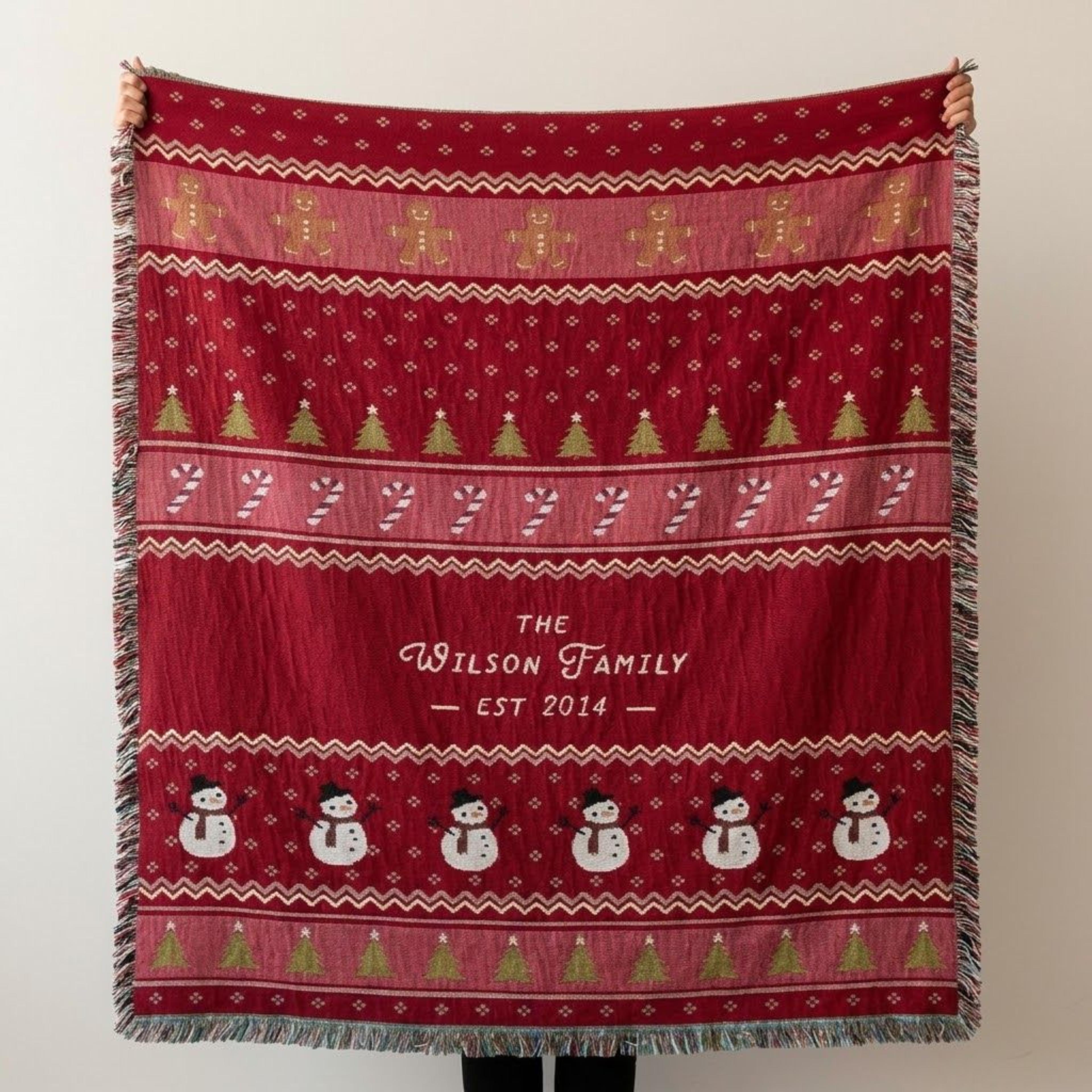 personalized christmas woven blanket, custom family name holiday throw, gingerbread snowman christmas blanket, festive