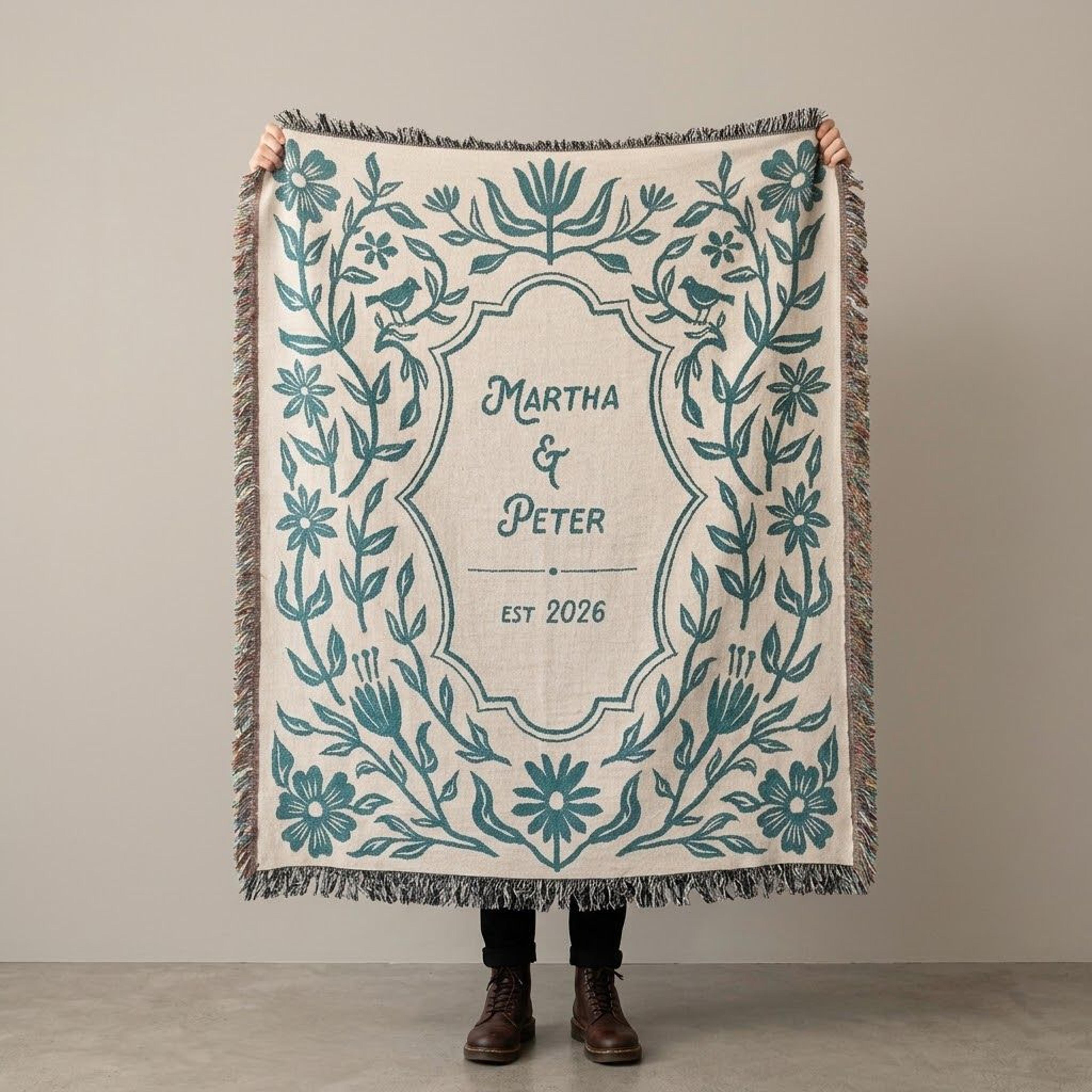 personalized floral woven blanket, custom couple names and year throw, folk art botanical blanket, wedding anniversary