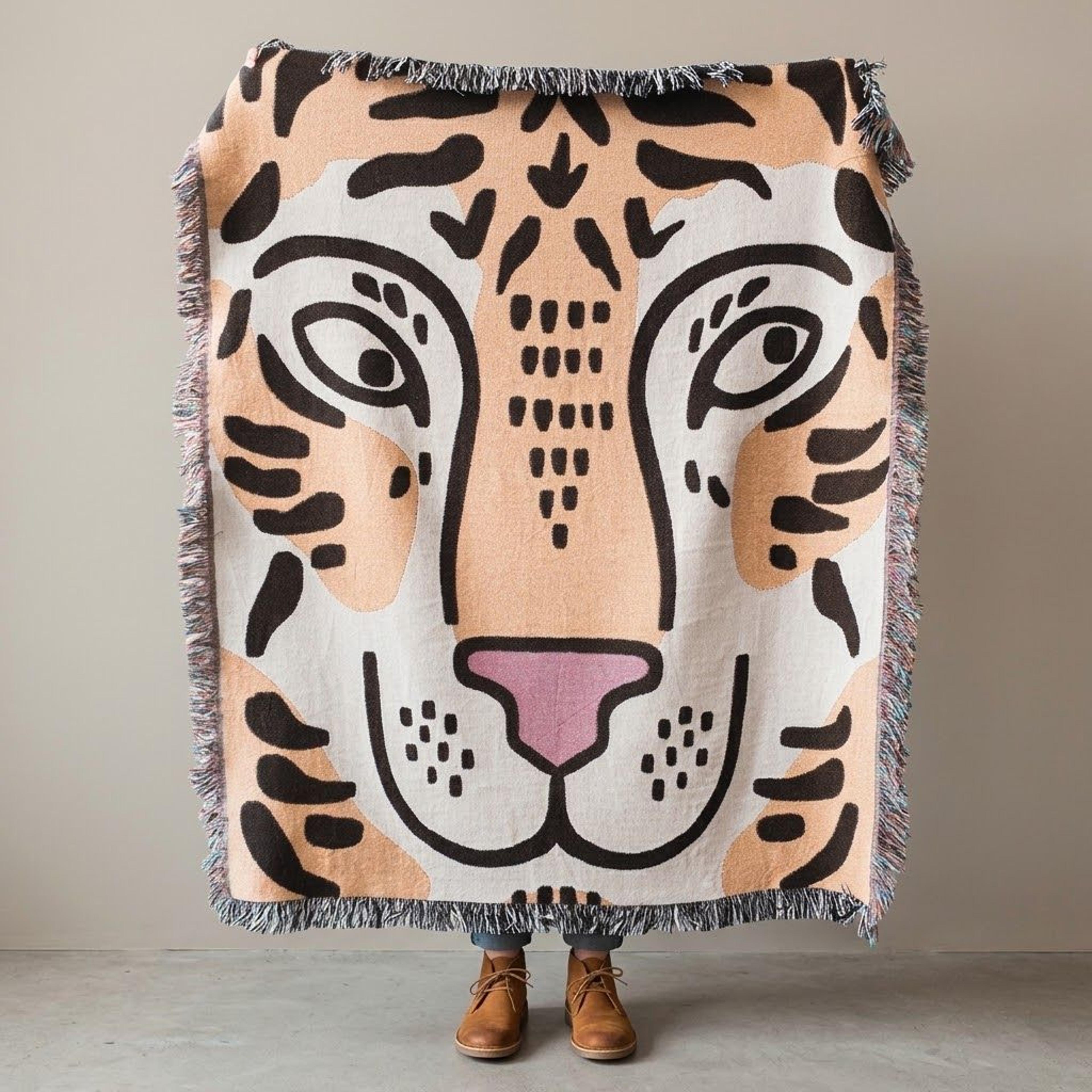 tiger face woven blanket, bold leopard style animal print throw, wild cat wall art blanket, safari wildlife home decor