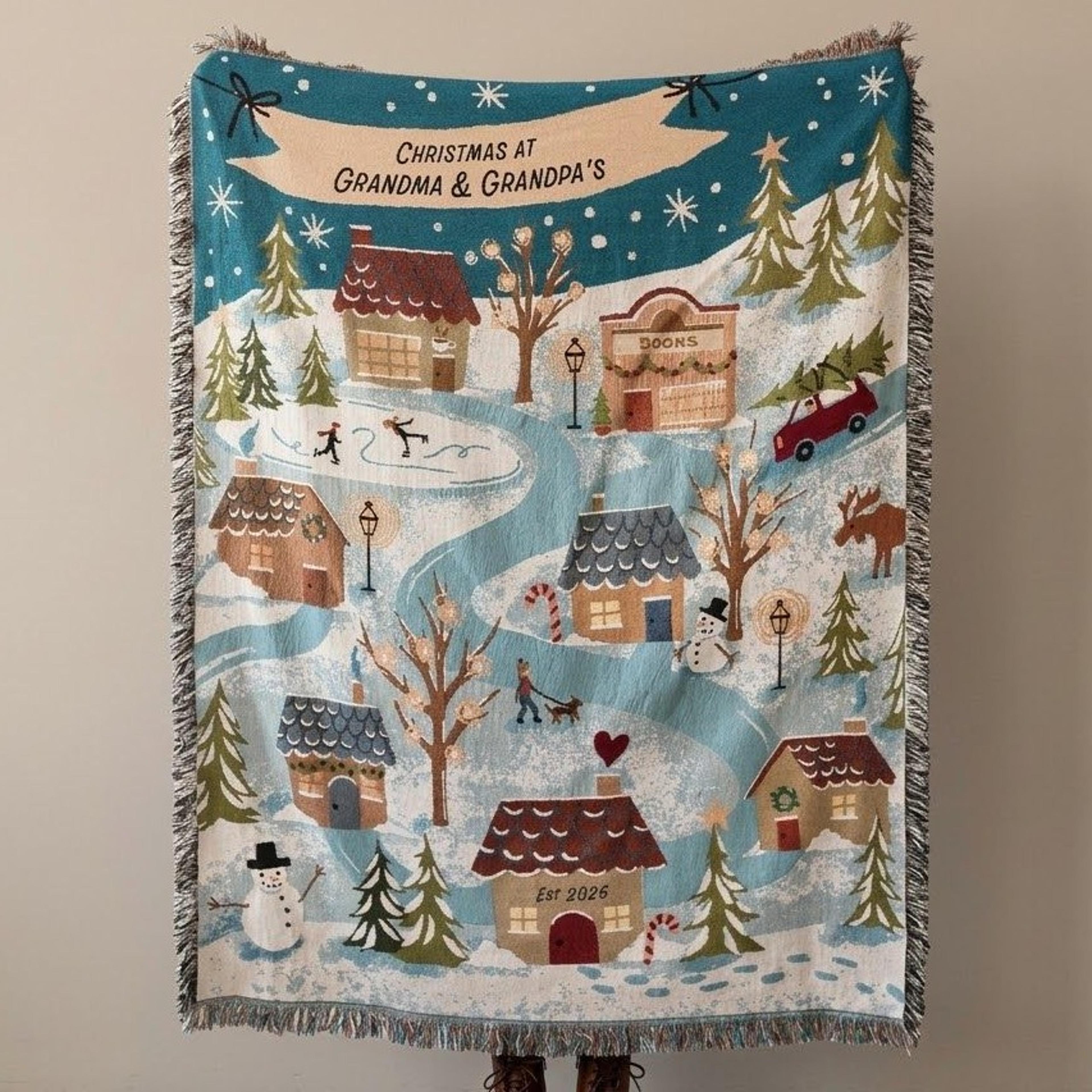 personalized christmas woven blanket, grandma and grandpa holiday throw, custom family christmas village blanket