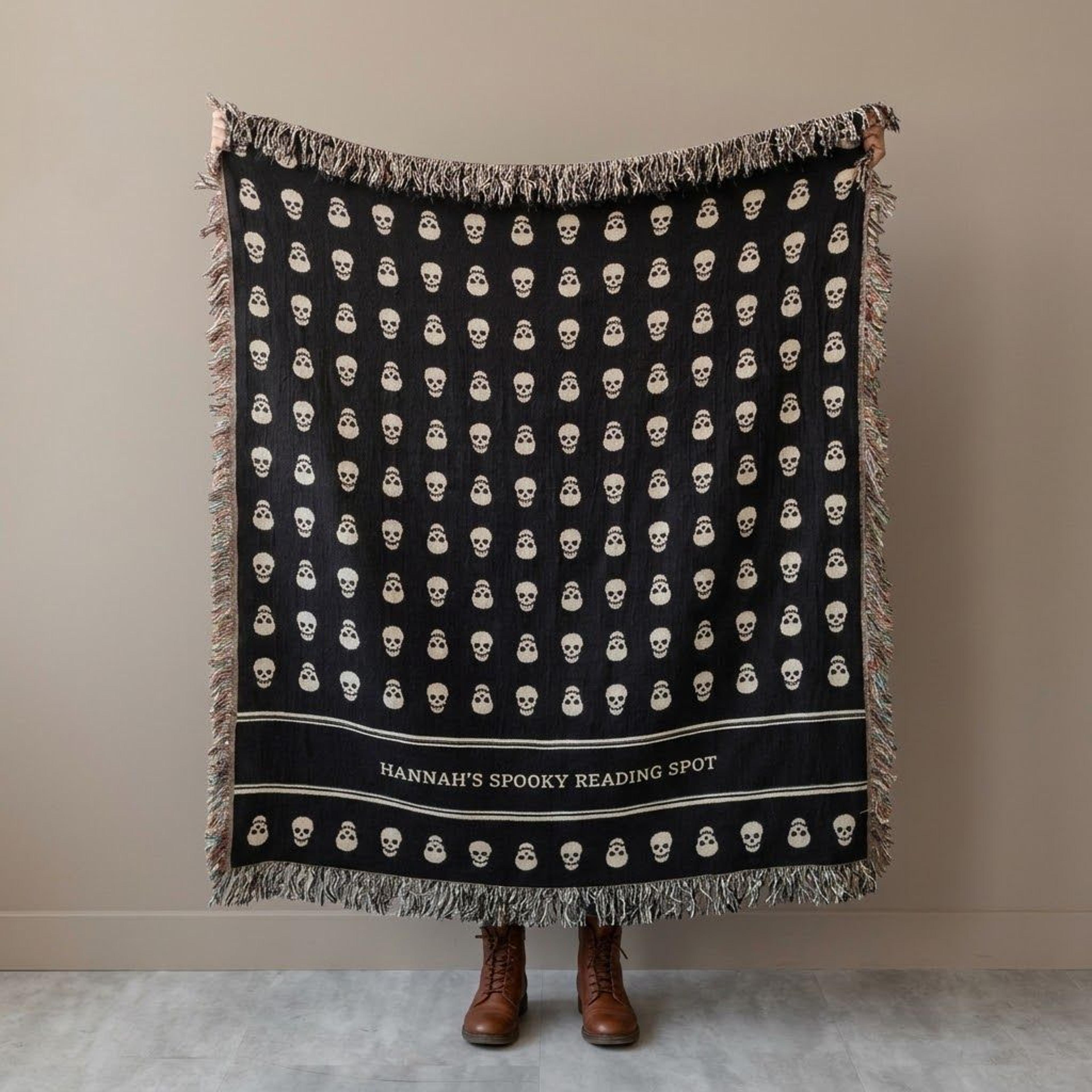 personalized halloween woven blanket, custom spooky reading spot throw, skull and ghost blanket, gothic book lover gift