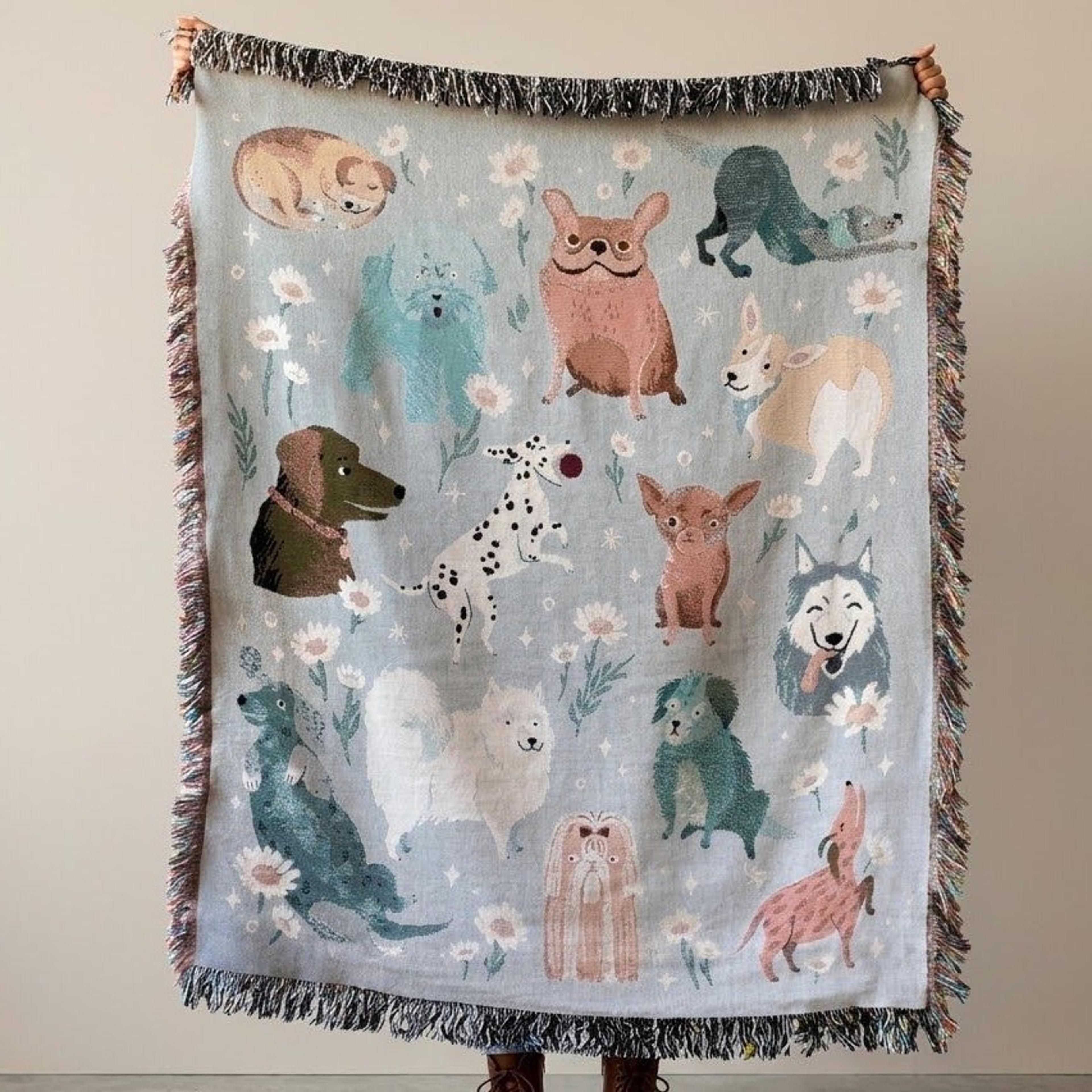 cute dog woven blanket, whimsical puppy floral throw, colorful dog breeds blanket, dog lover gift, pet mom home decor