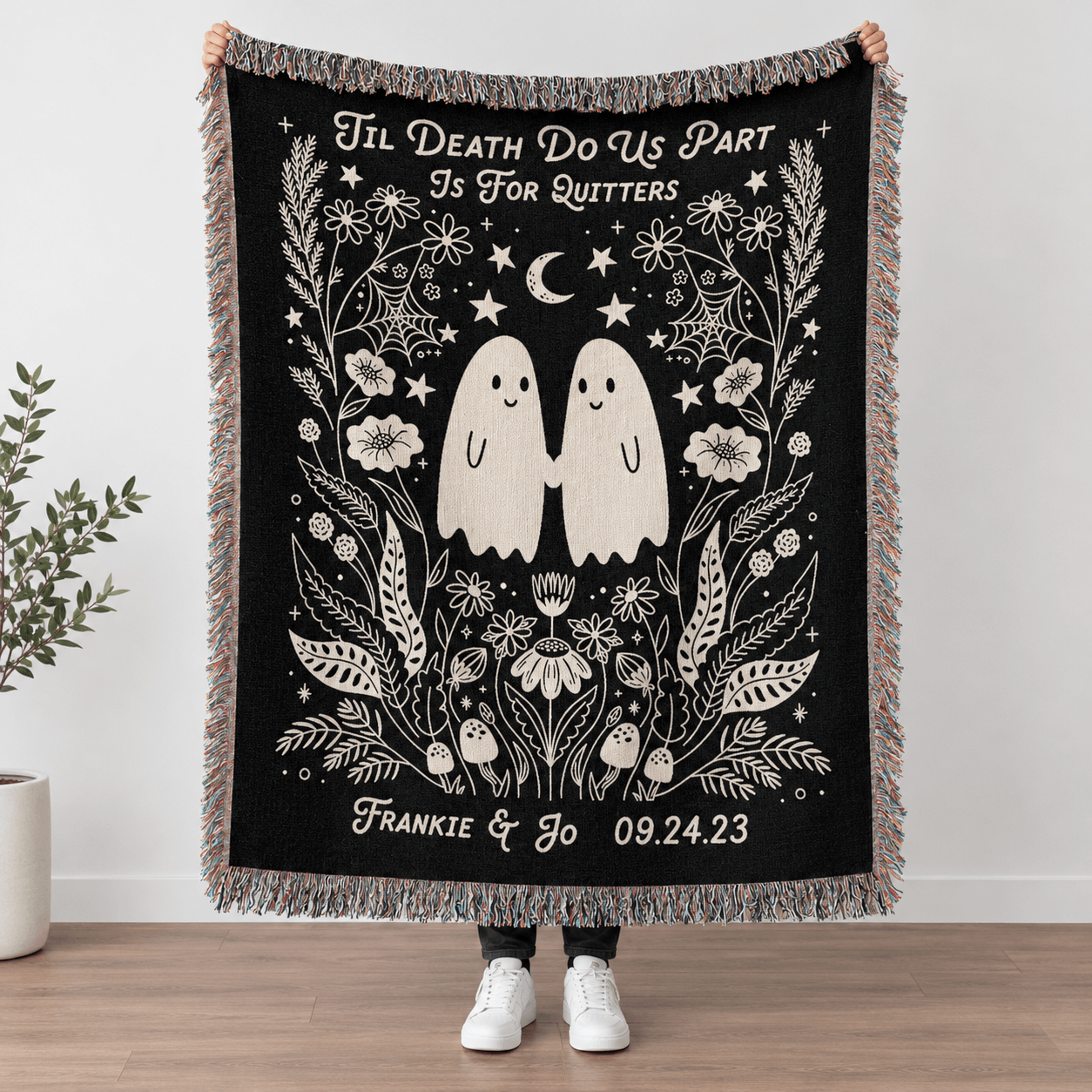 personalized ghost couple woven blanket, til death do us part gift, gothic wedding blanket, custom anniversary gift
