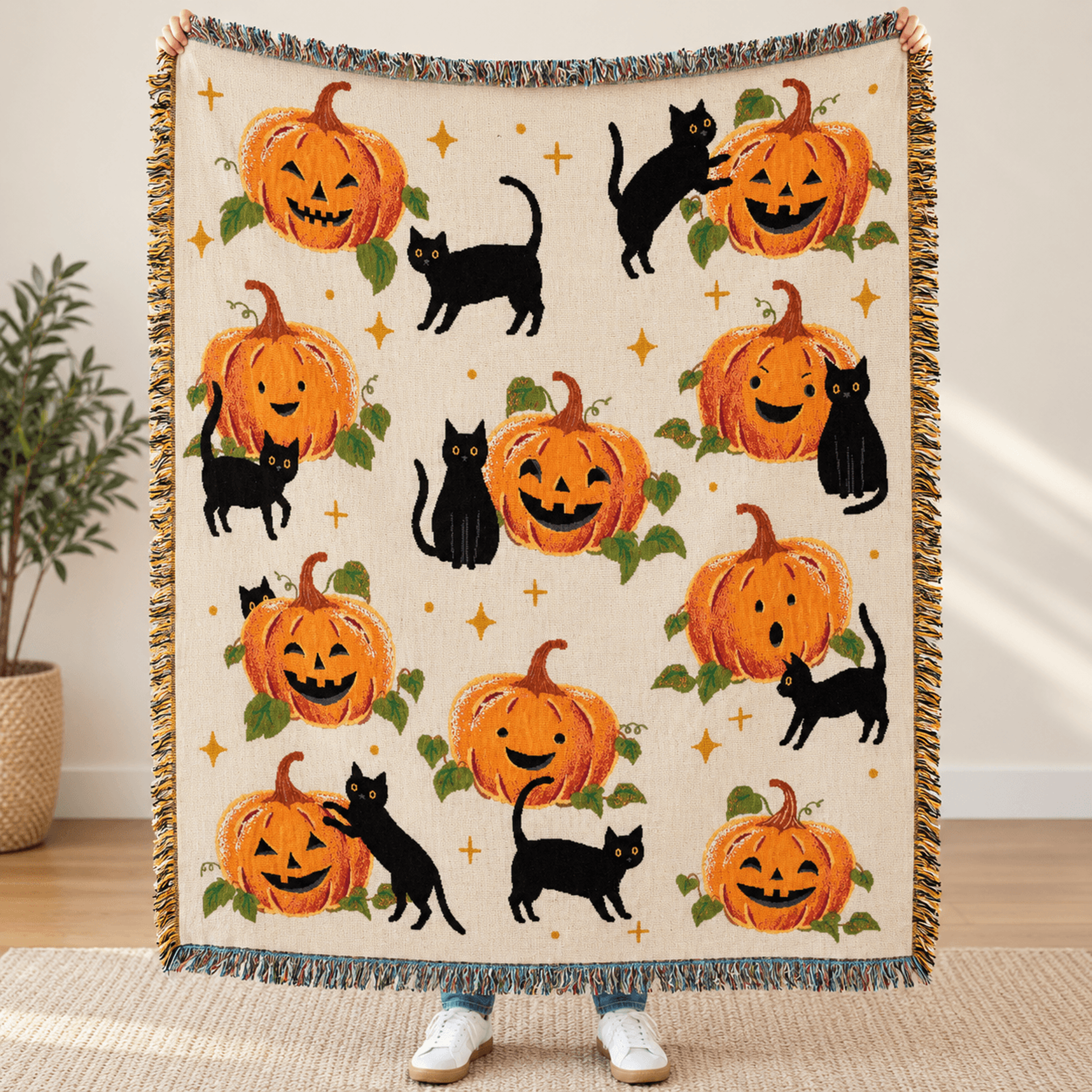 halloween black cat woven blanket, cute jack o lantern pumpkin throw, spooky fall decor, vintage halloween gift for cat