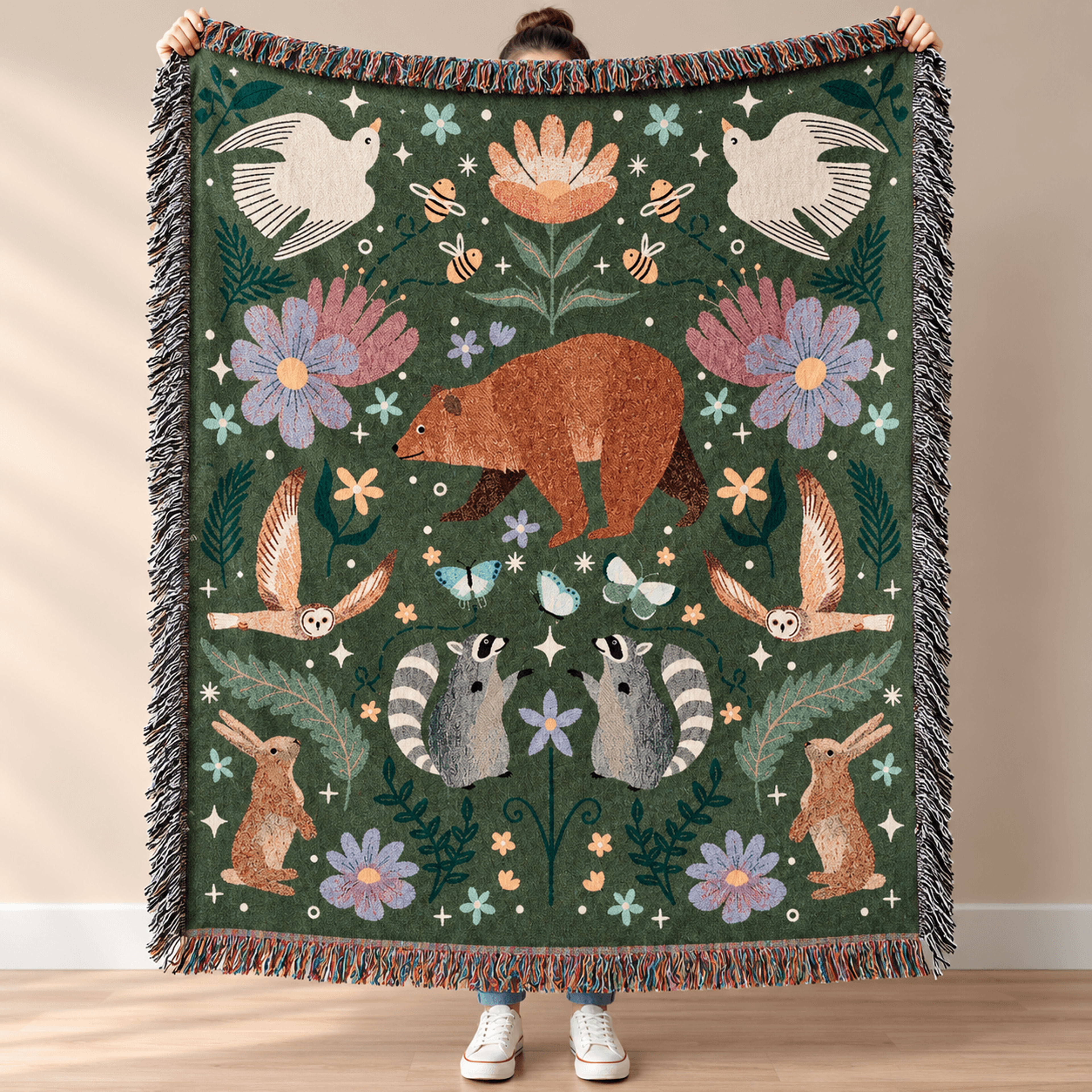 woodland animals woven blanket, whimsical forest wildlife throw, floral cottagecore decor, nature lover gift, rustic