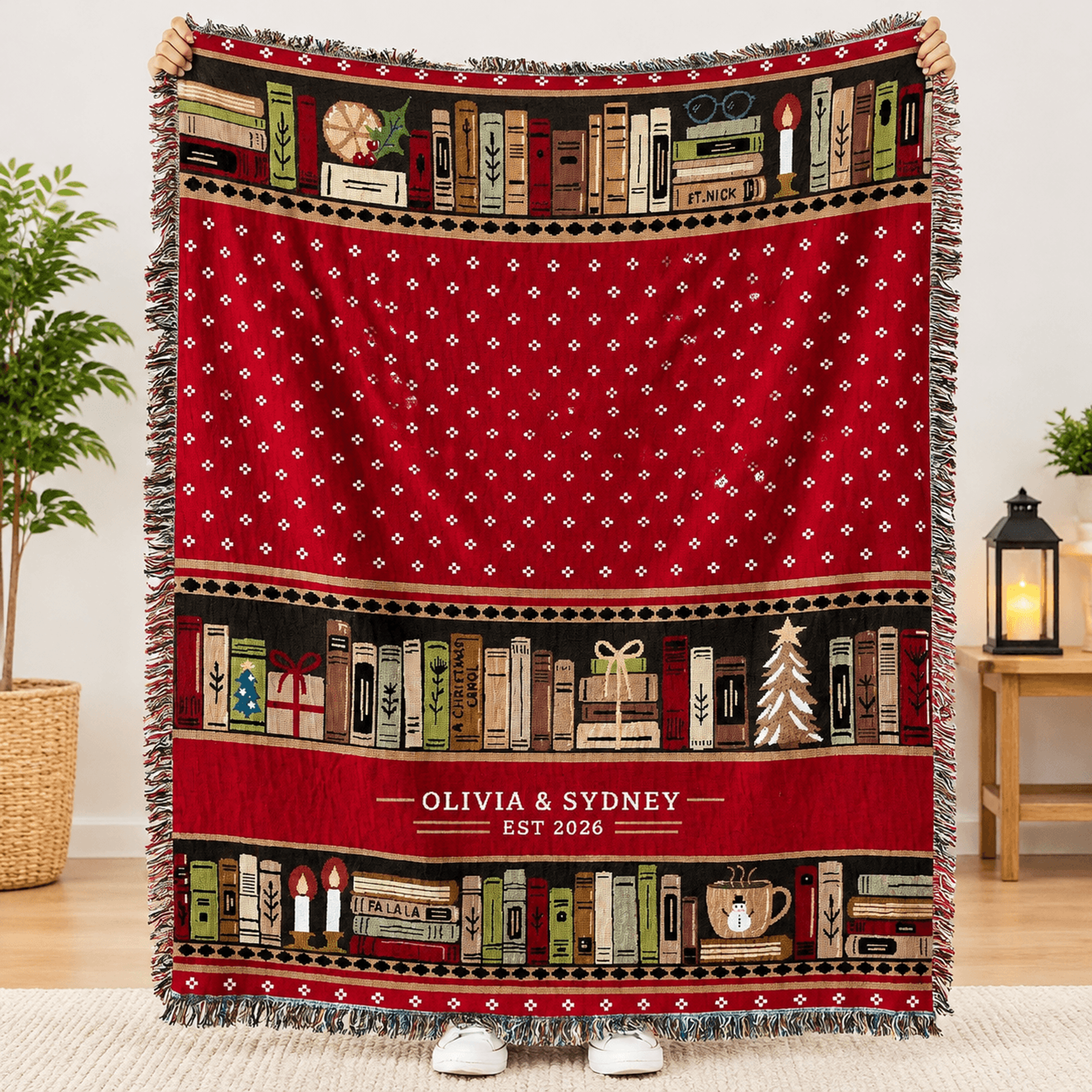 personalized christmas woven blanket, custom couple names holiday bookshelf throw, cozy book lover gift, festive reading