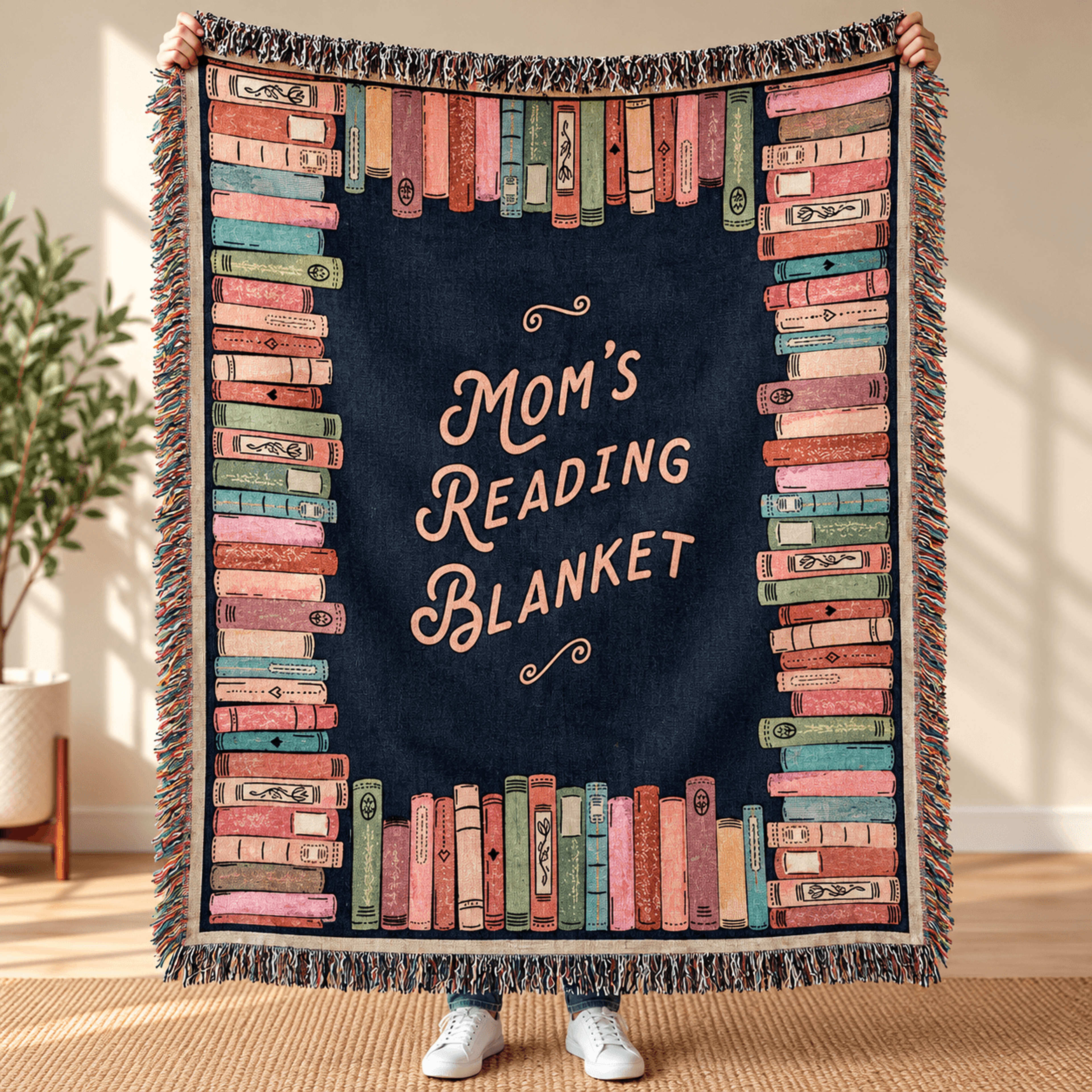 mom's reading blanket, book lover woven throw blanket, cozy bookshelf design, literary gift for mom, bookworm birthday